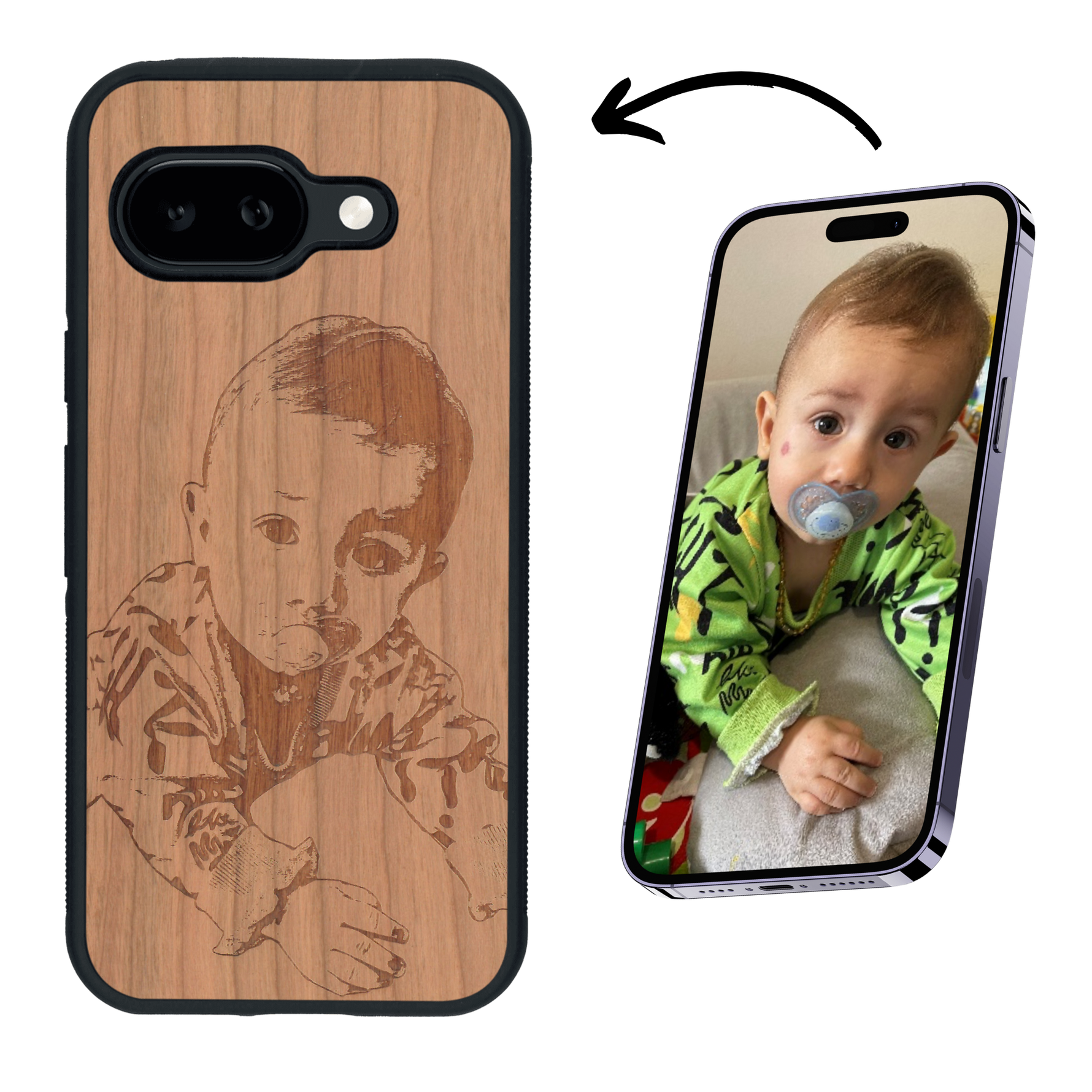 Coque de protection en bois véritable fabriquée en France pour Google Pixel 9A avec gravure personnalisée à partir d'une photo, d'une image, d'un logo, des initials ou d'une phrase