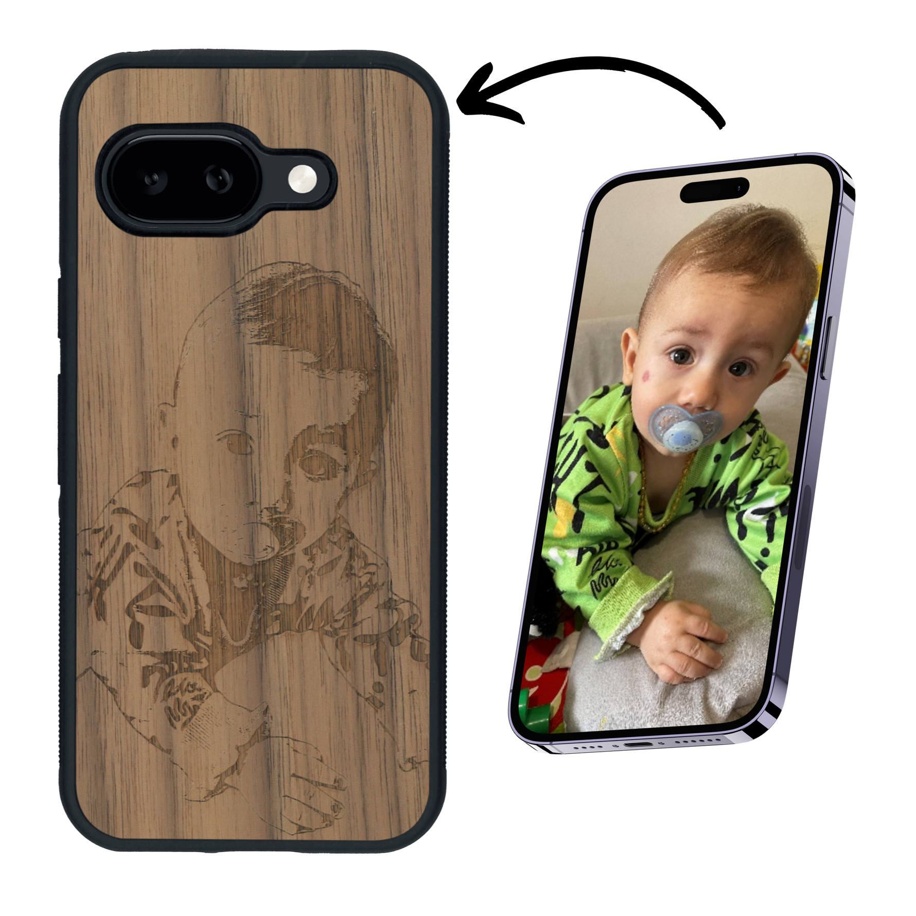 Coque de protection en bois véritable fabriquée en France pour Google Pixel 9A avec gravure personnalisée à partir d'une photo, d'une image, d'un logo, des initials ou d'une phrase