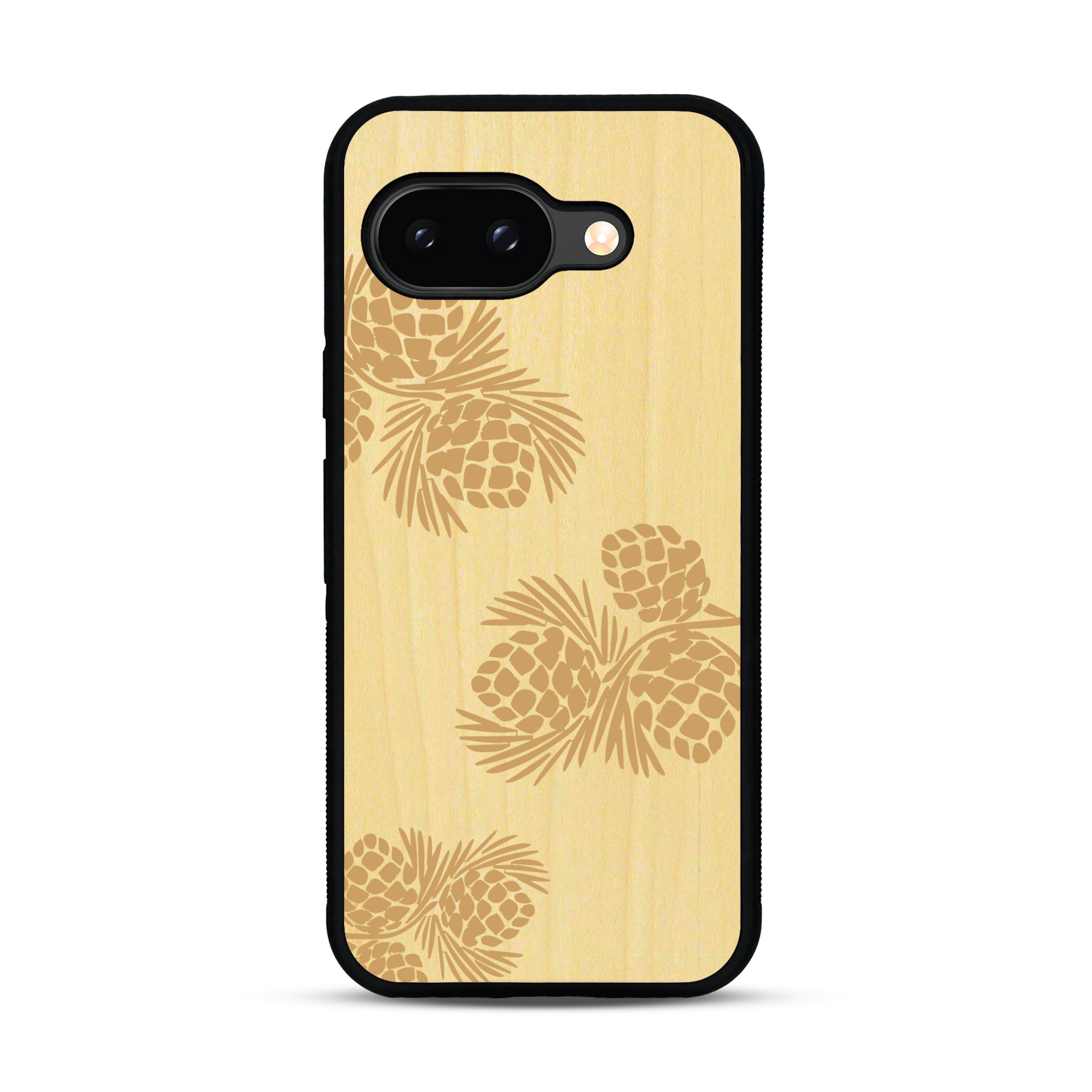 Coque de protection en bois véritable fabriquée en France pour  sur le thème de la nature des arbres avec un motif de gravure représentant des épines de sapin et des pommes de pin