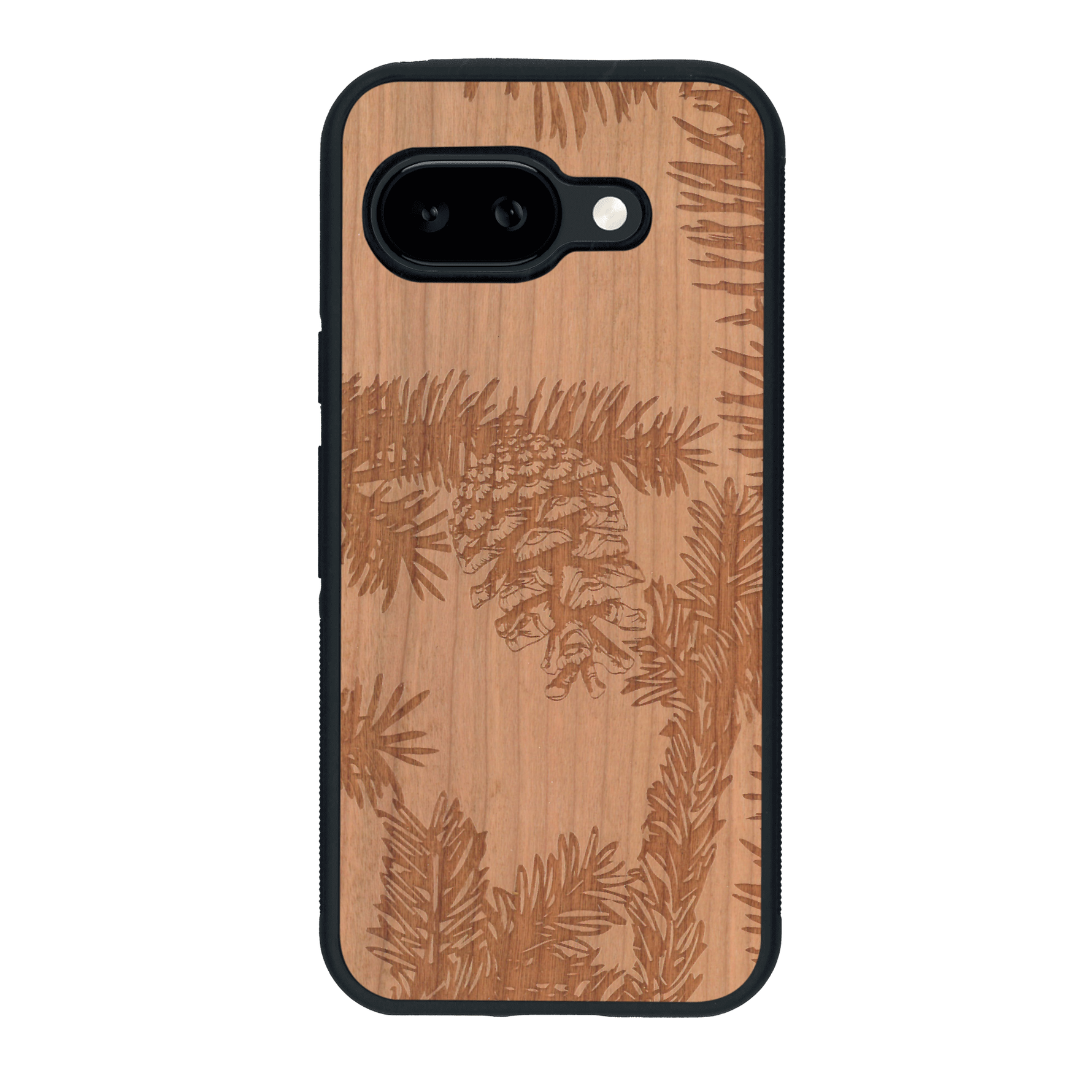 Coque de protection en bois véritable fabriquée en France pour Google Pixel 9A sur le thème de la nature des arbres avec un motif de gravure représentant des épines de sapin et des pommes de pin