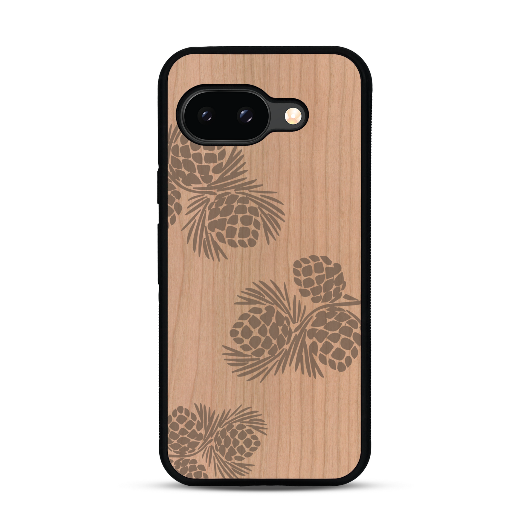 Coque de protection en bois véritable fabriquée en France pour  sur le thème de la nature des arbres avec un motif de gravure représentant des épines de sapin et des pommes de pin