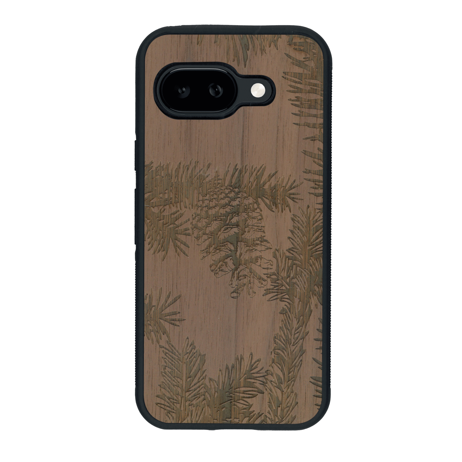 Coque de protection en bois véritable fabriquée en France pour Google Pixel 9A sur le thème de la nature des arbres avec un motif de gravure représentant des épines de sapin et des pommes de pin