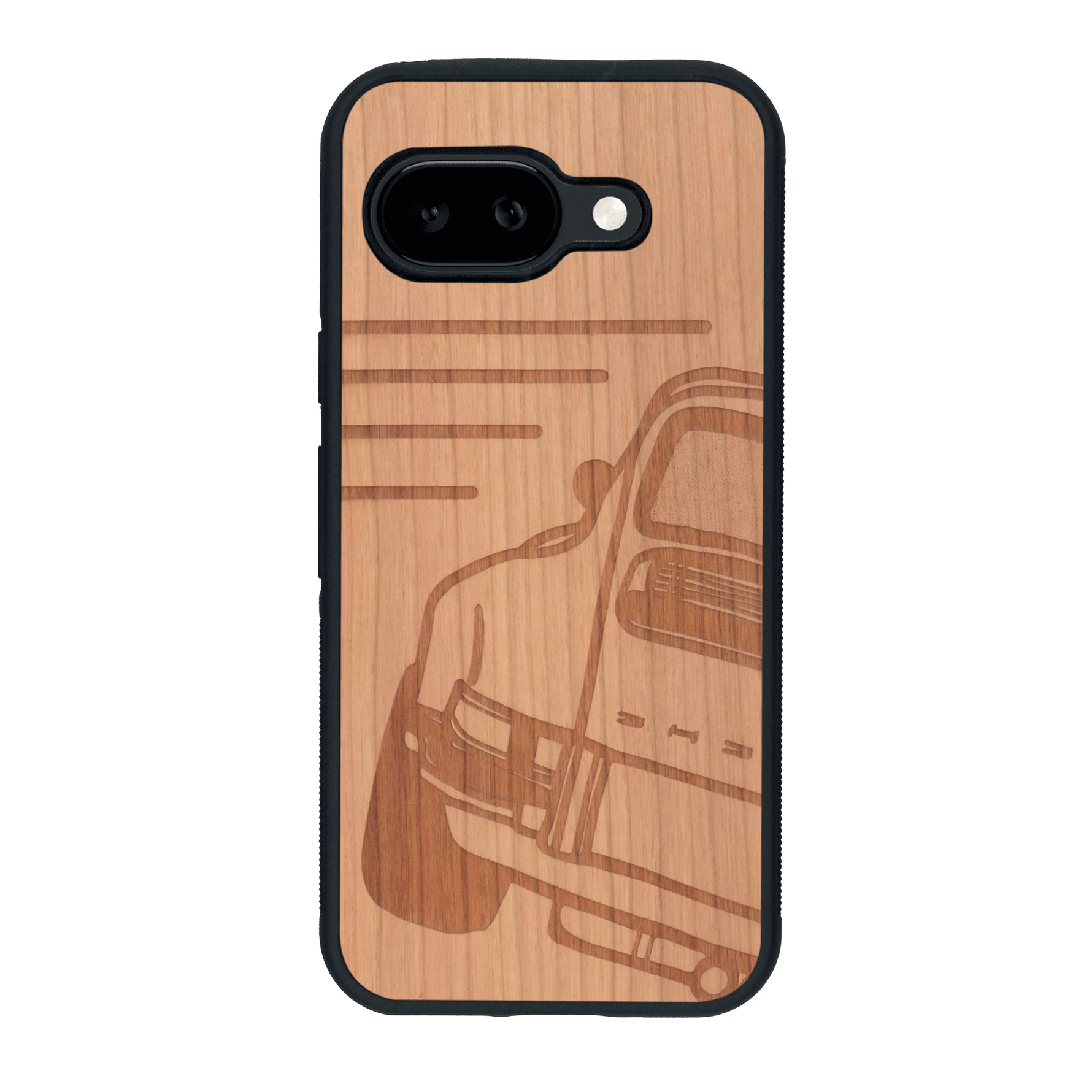 Coque de protection en bois véritable fabriquée en France pour Google Pixel 9A sur le thème de l'automobile avec une authentique Porsche