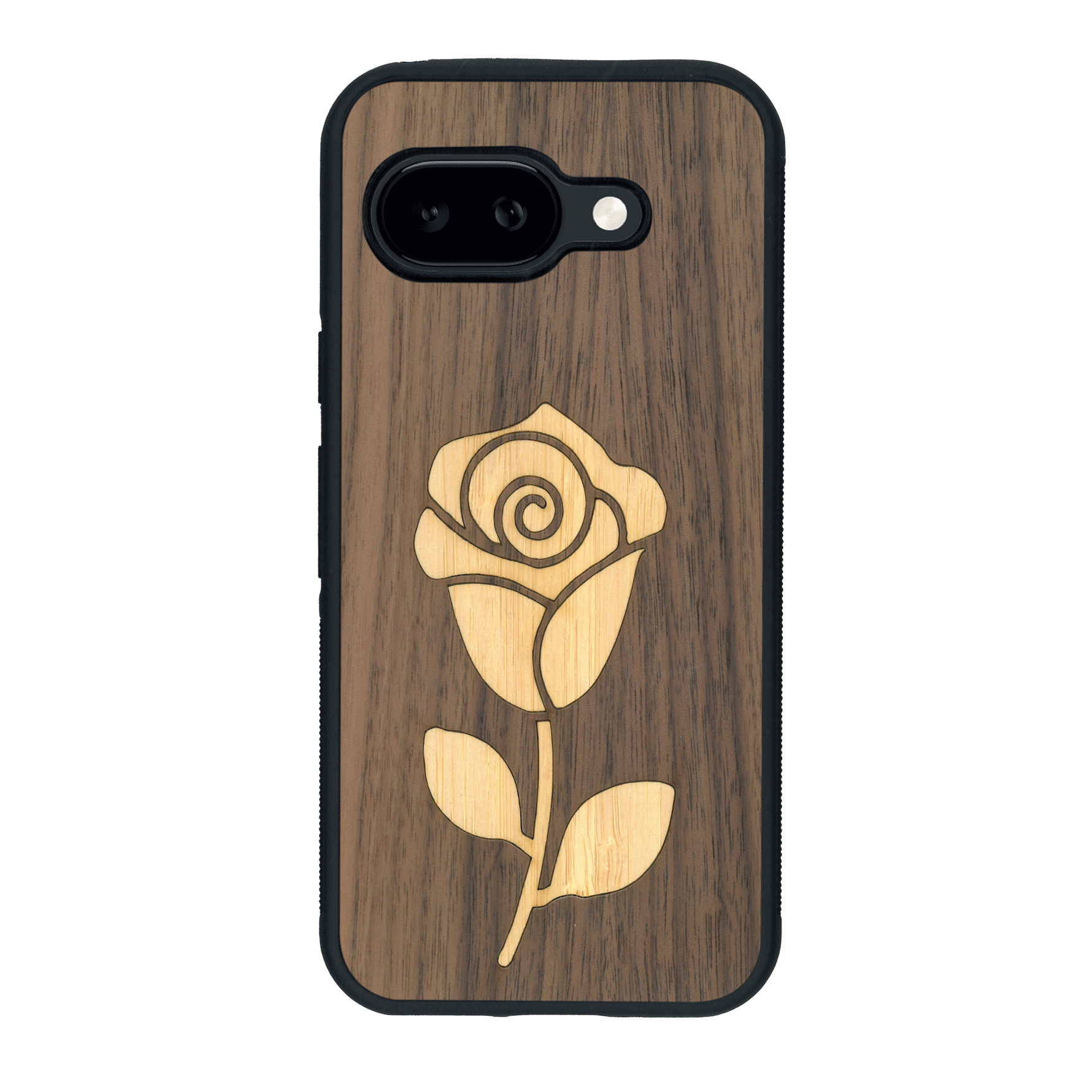 Coque de protection en bois véritable fabriquée en France pour Google Pixel 9A alliant plusieurs essences de bois pour représenter une rose