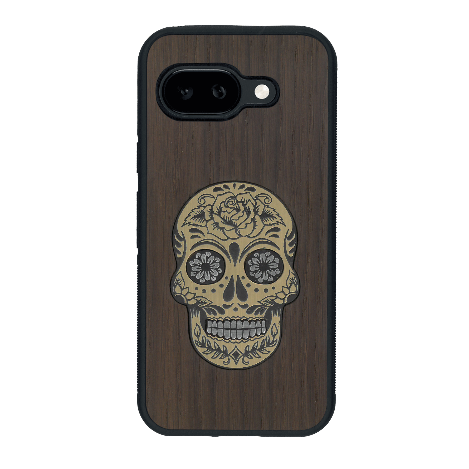 Coque de protection en bois véritable fabriquée en France pour Google Pixel 9A alliant du chêne fumé avec du métal argenté et doré représentant une tête de mort mexicaine sur le thème Dia de los Muertos