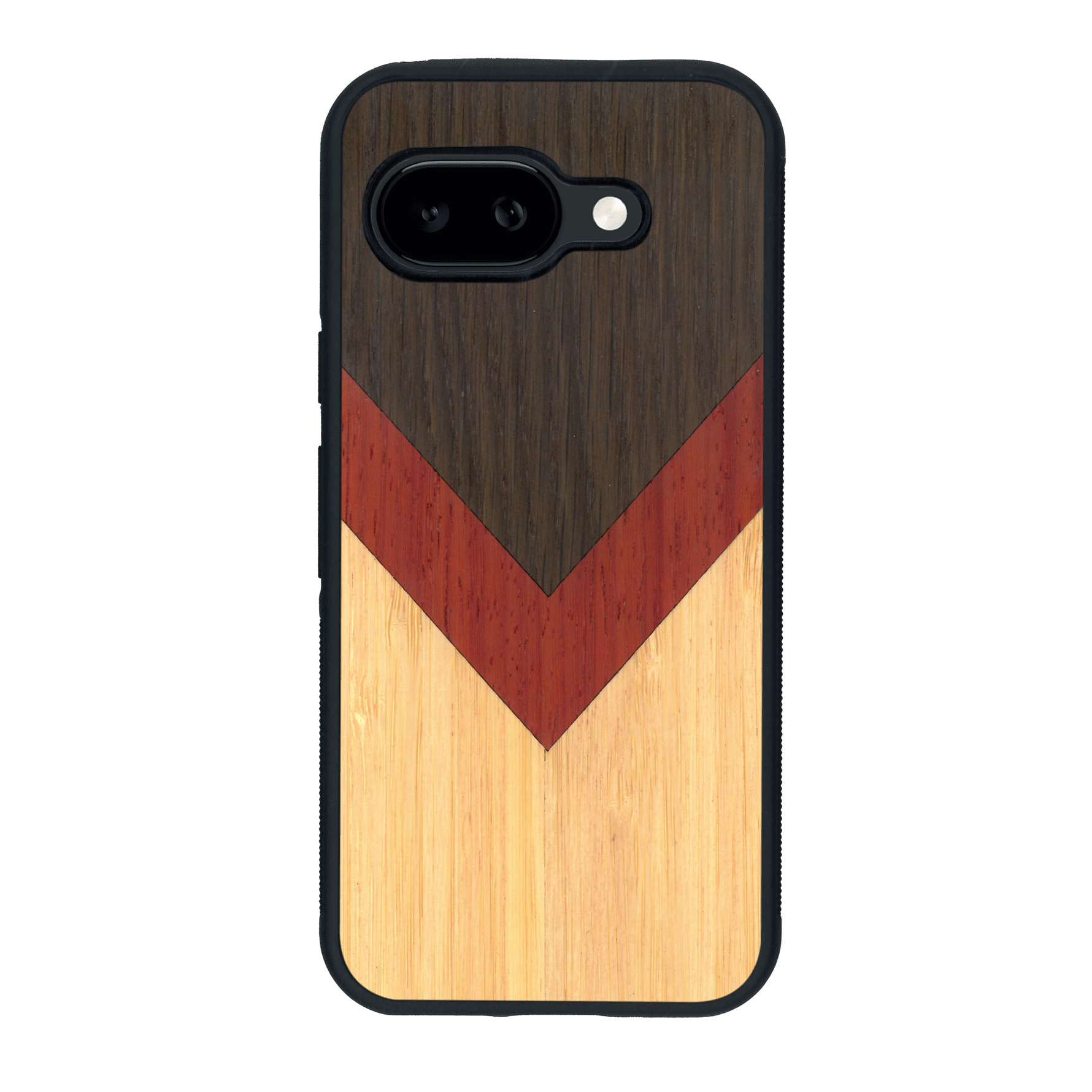 Coque de protection en bois véritable fabriquée en France pour Google Pixel 9A alliant du chêne fumé, du padouk et du bambou en forme de chevron sur le thème de l'art abstrait