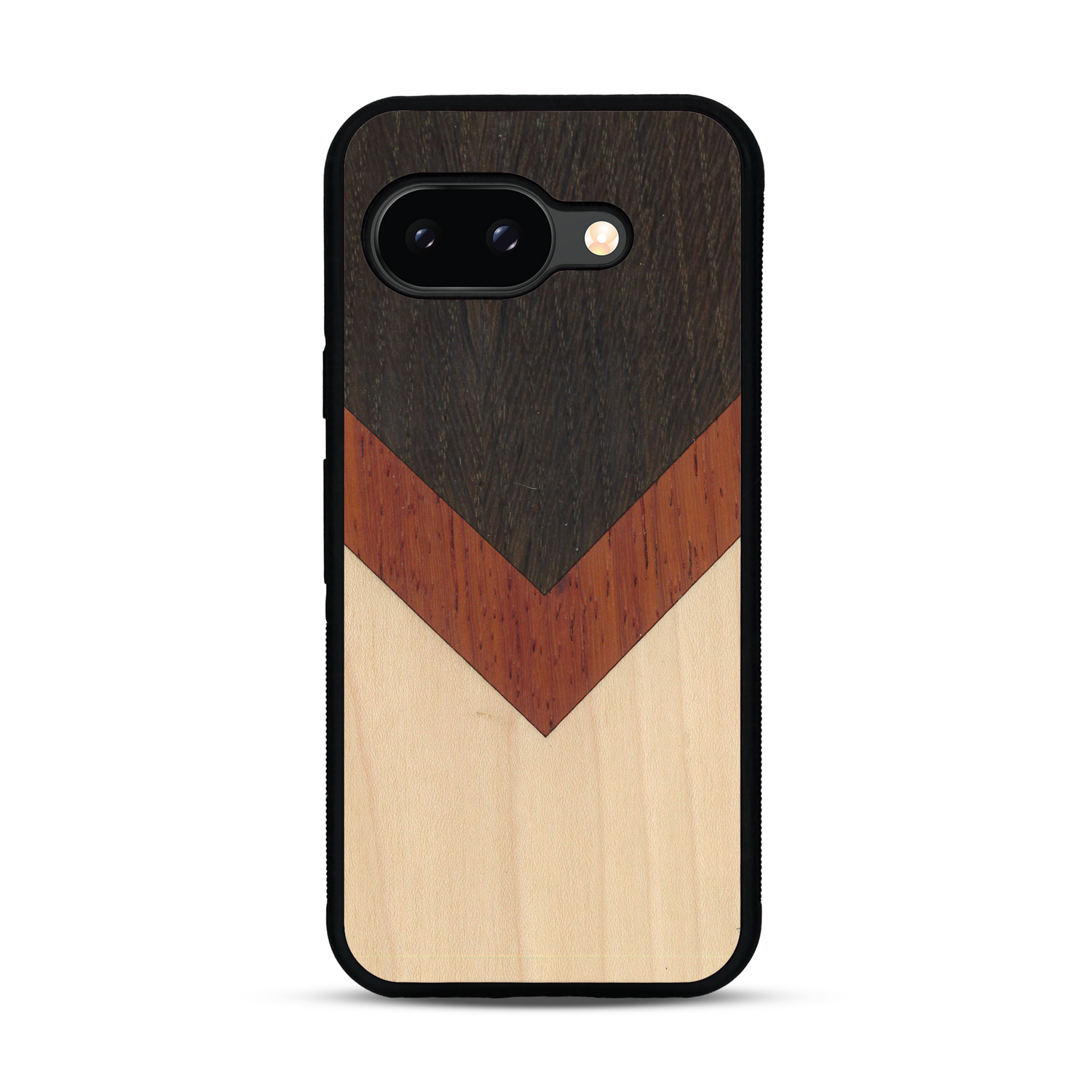 Coque de protection en bois véritable fabriquée en France pour  alliant du chêne fumé, du padouk et du bambou en forme de chevron sur le thème de l'art abstrait