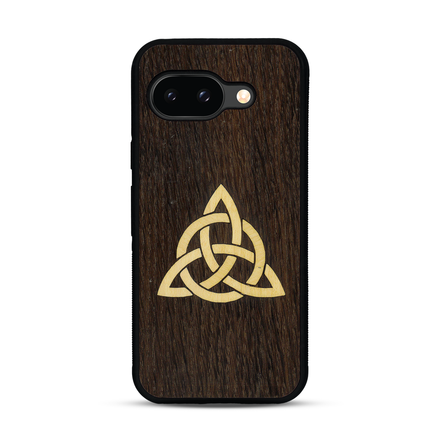 Coque de protection en bois véritable fabriquée en France pour  alliant du chêne fumé et du bambou représentant une triquetra