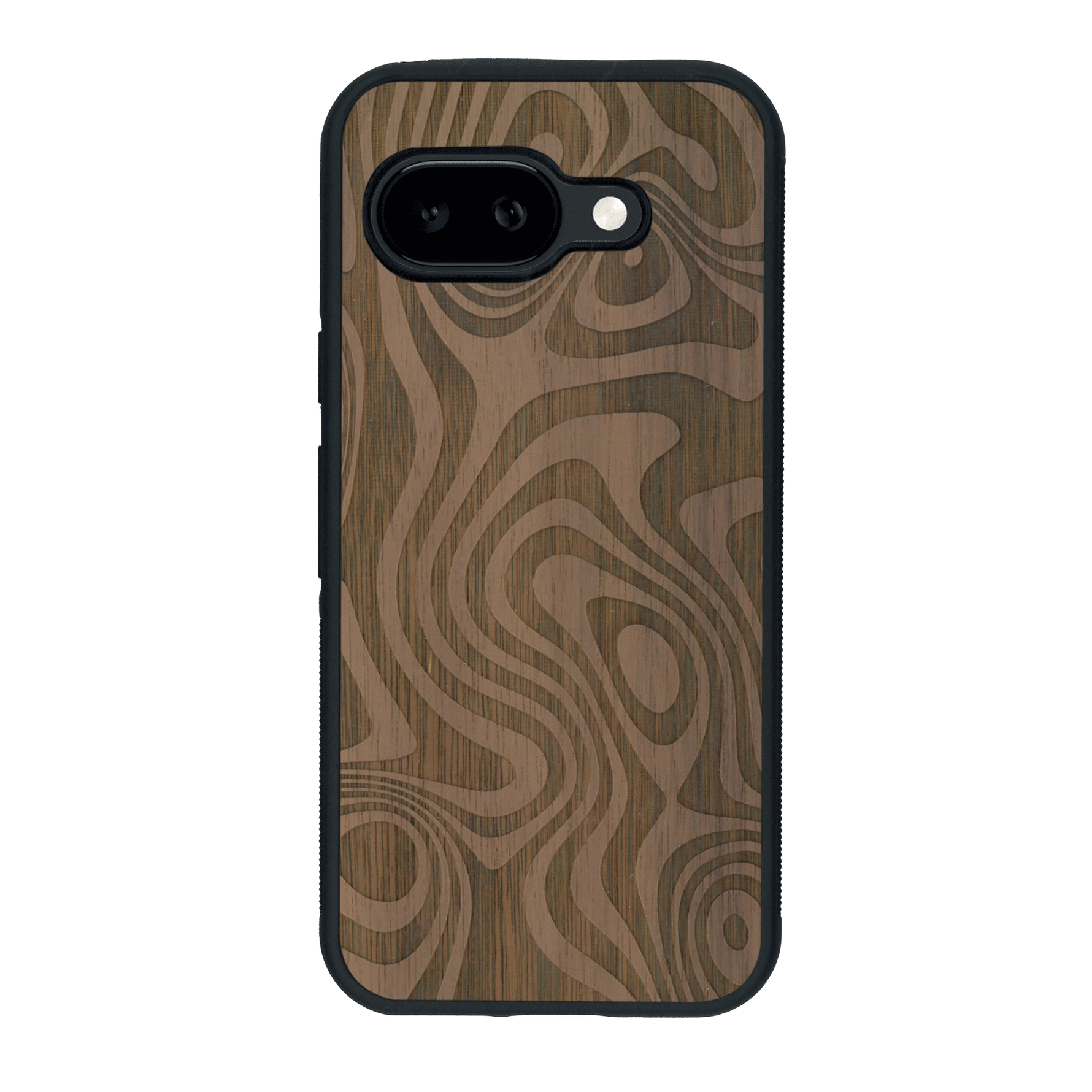 Coque de protection en bois véritable fabriquée en France pour Google Pixel 9A avec un motif abstrait représentant les mouvements de l'eau