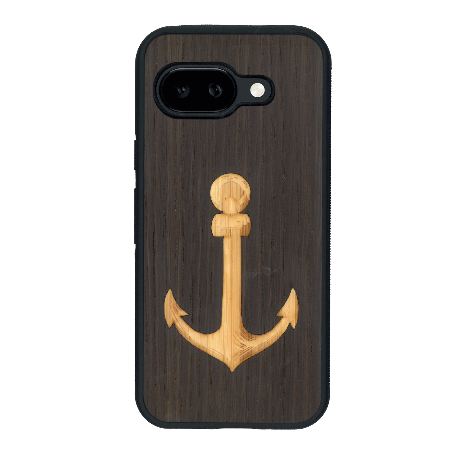 Coque de protection en bois véritable fabriquée en France pour Google Pixel 9A sur le thème nautique avec un bois clair et un bois foncé représentant une ancre de bateau