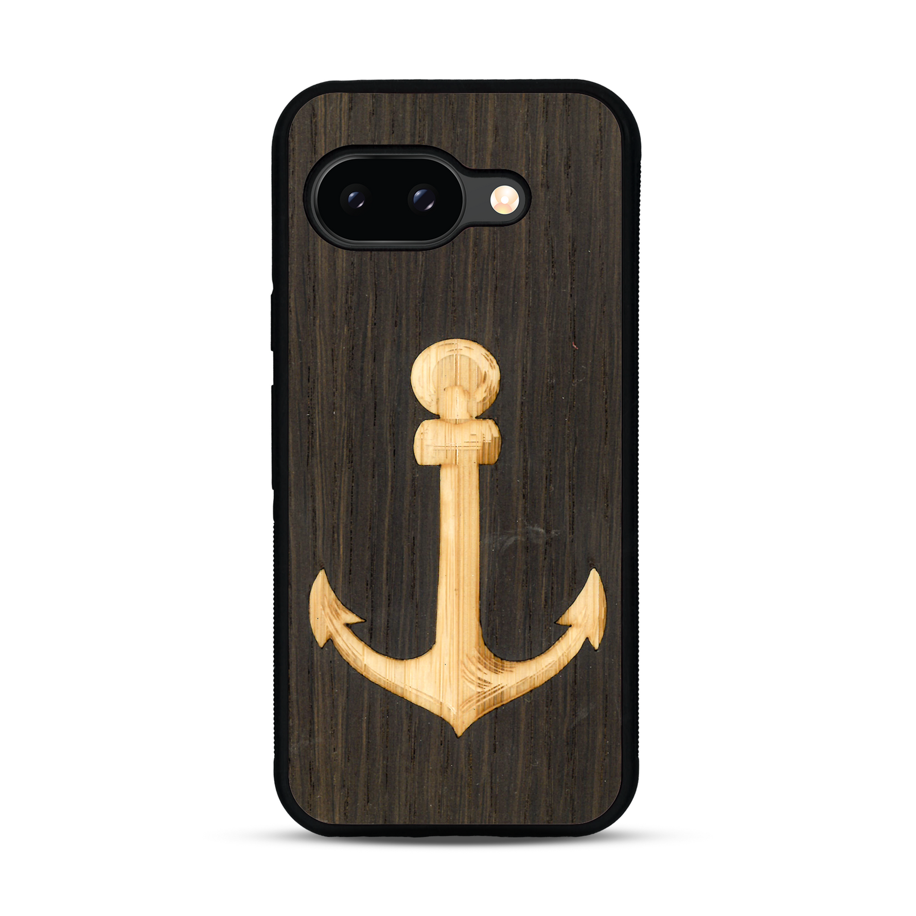 Coque de protection en bois véritable fabriquée en France pour  sur le thème nautique avec un bois clair et un bois foncé représentant une ancre de bateau