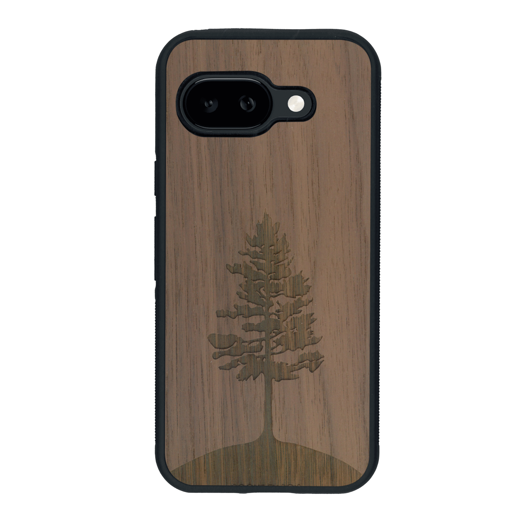 Coque de protection en bois véritable fabriquée en France pour Google Pixel 9A sur le thème de la nature, de la fôret et de l'écoresponsabilité avec une gravure représentant un arbre 