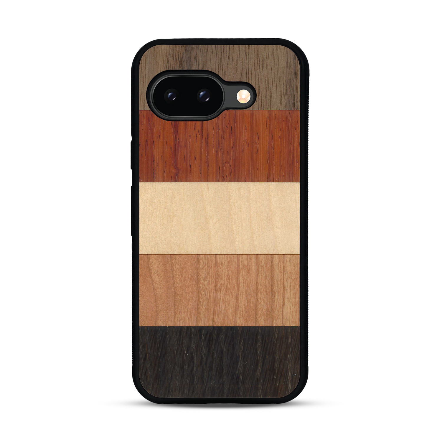 Coque de protection en bois véritable fabriquée en France pour  alliant des bandes horizontales de bambou, merisier, padouk, noyer et chêne fumé