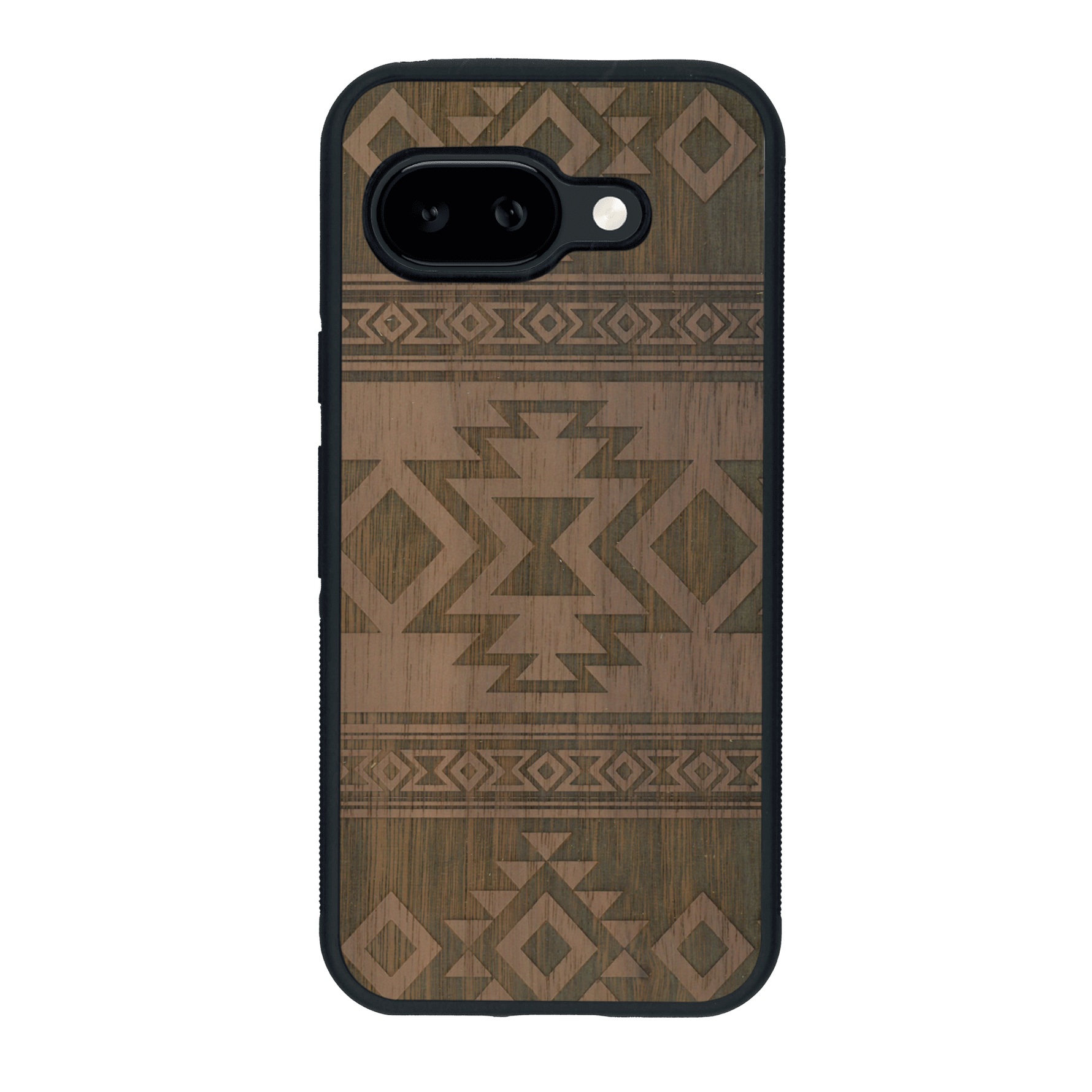 Coque de protection en bois véritable fabriquée en France pour Google Pixel 9A avec des motifs géométriques s'inspirant des temples aztèques, mayas et incas
