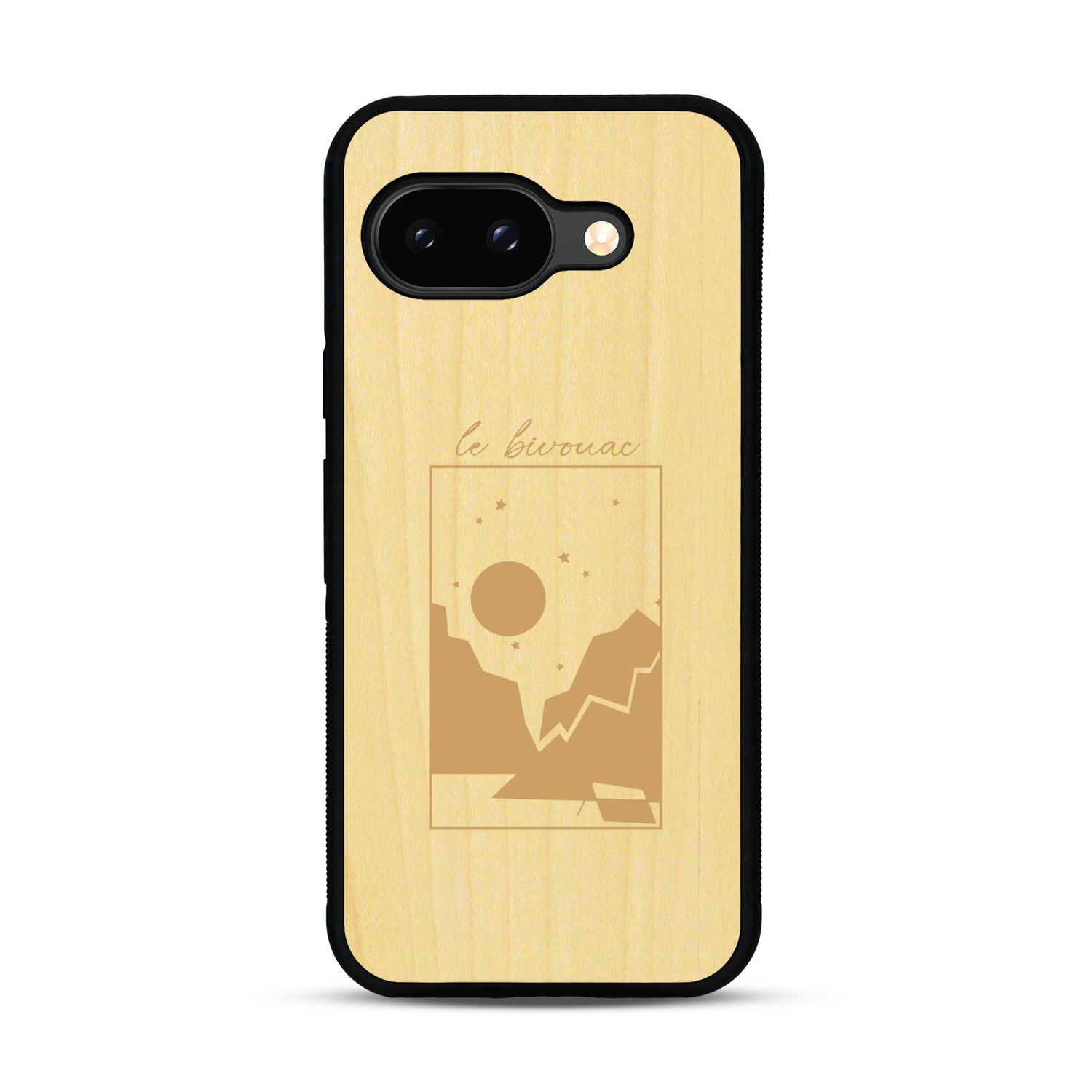 Coque de protection en bois véritable fabriquée en France pour  sur le thème du camping en pleine nature et du bivouac avec la phrase "Aventure is out there"