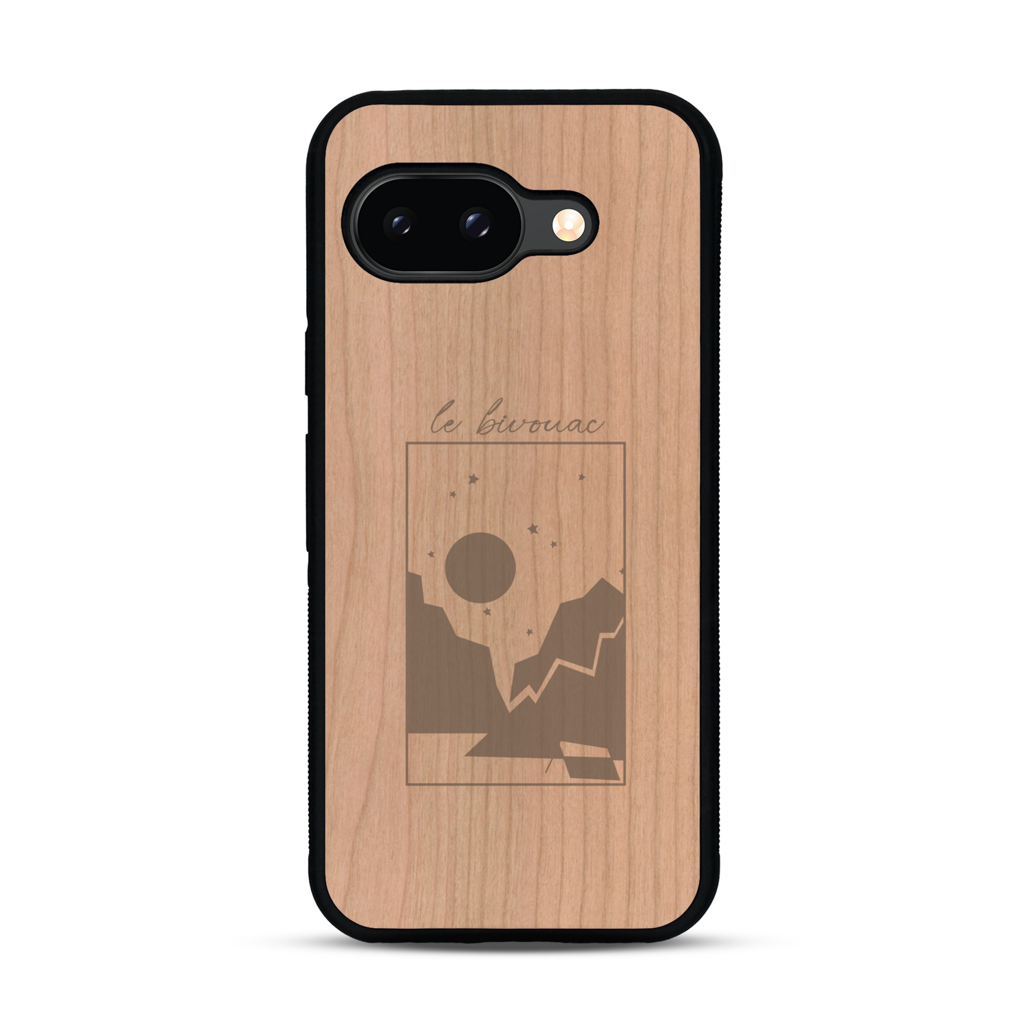 Coque de protection en bois véritable fabriquée en France pour  sur le thème du camping en pleine nature et du bivouac avec la phrase "Aventure is out there"