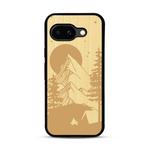 Coque de protection en bois véritable fabriquée en France pour  sur le thème du camping en pleine nature représentant une tente avec un feu de camp entouré de montagnes
