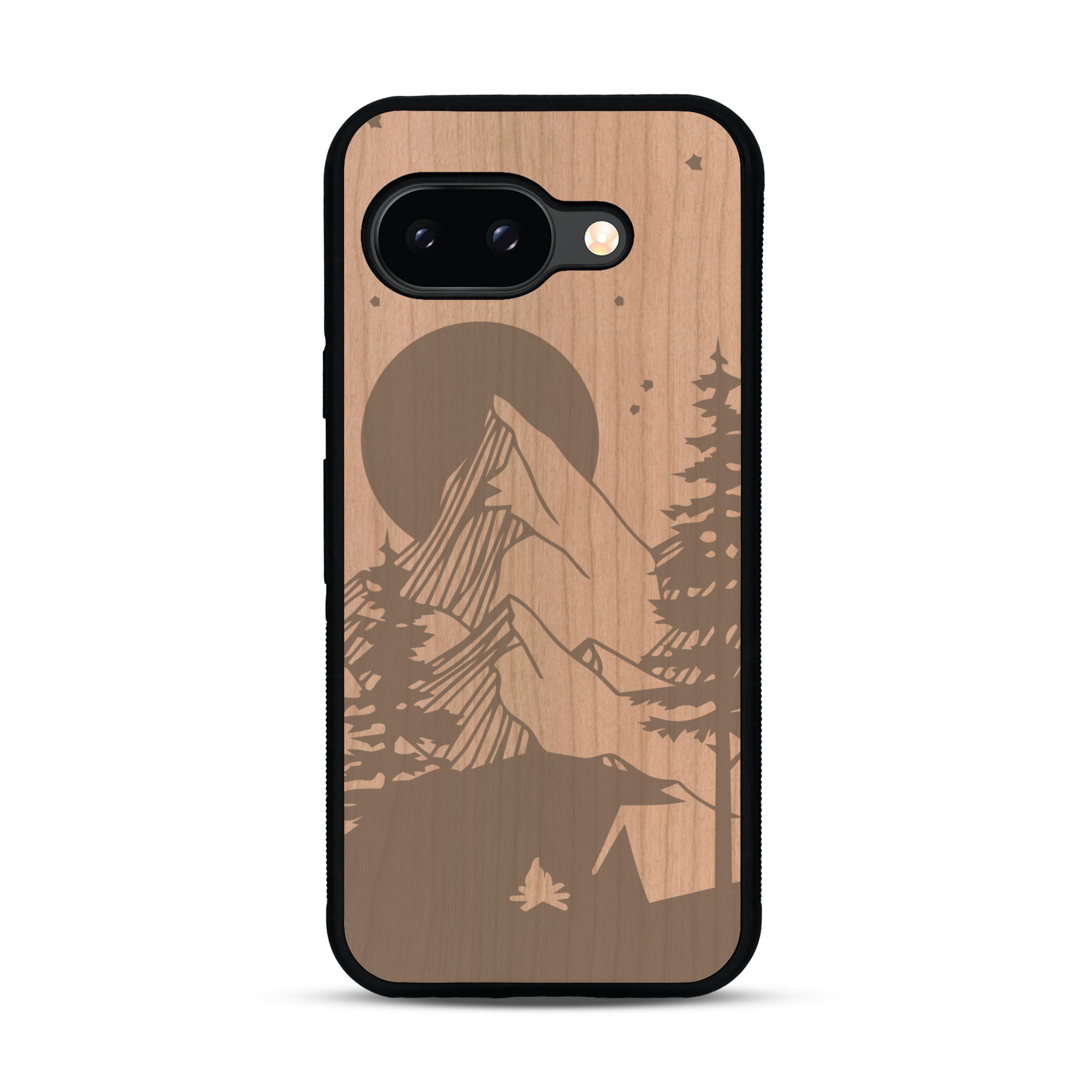 Coque de protection en bois véritable fabriquée en France pour  sur le thème du camping en pleine nature représentant une tente avec un feu de camp entouré de montagnes
