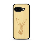 Coque de protection en bois véritable fabriquée en France pour  sur le thème de la nature et des animaux représentant une tête de cerf gométrique avec un design moderne et minimaliste