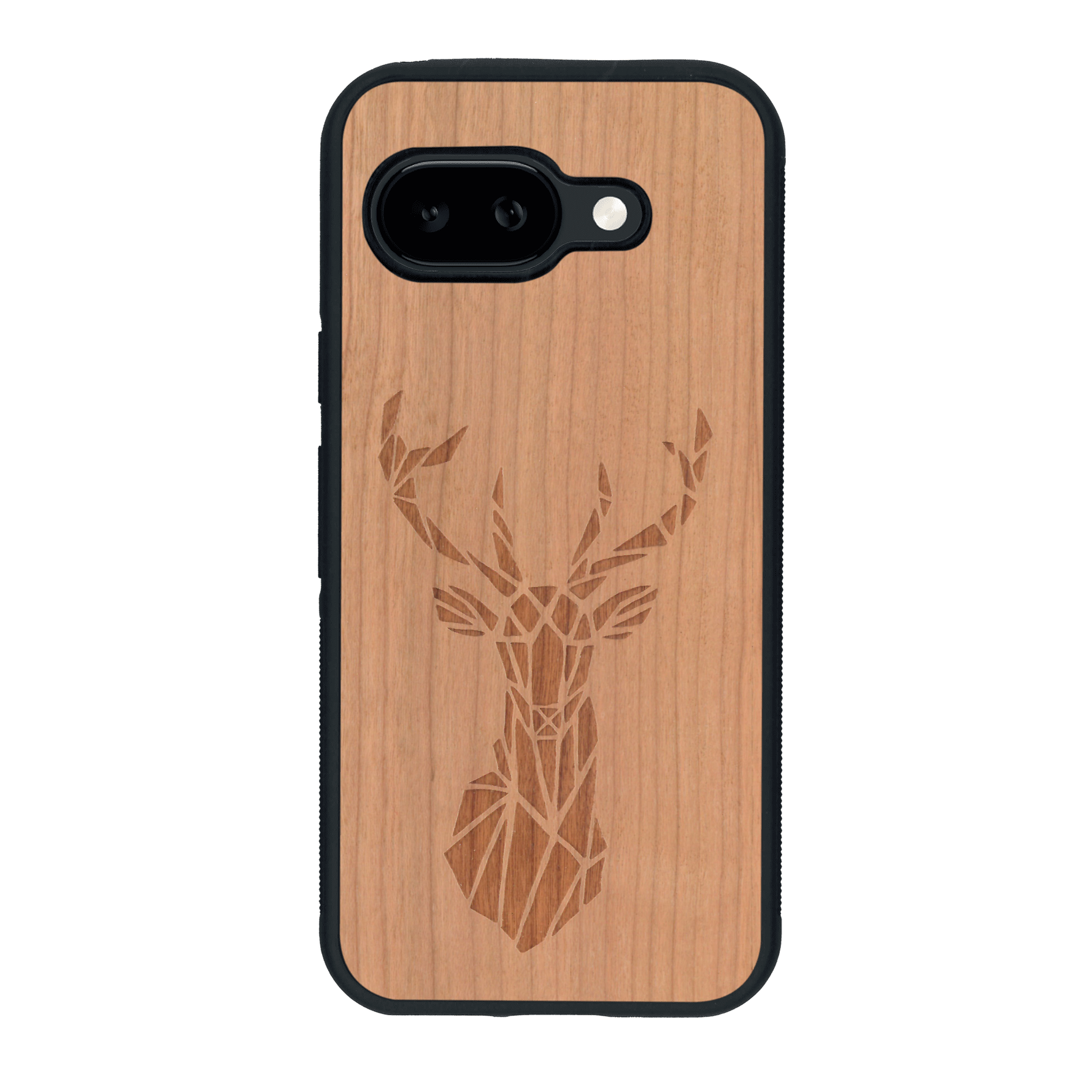 Coque de protection en bois véritable fabriquée en France pour Google Pixel 9A sur le thème de la nature et des animaux représentant une tête de cerf gométrique avec un design moderne et minimaliste