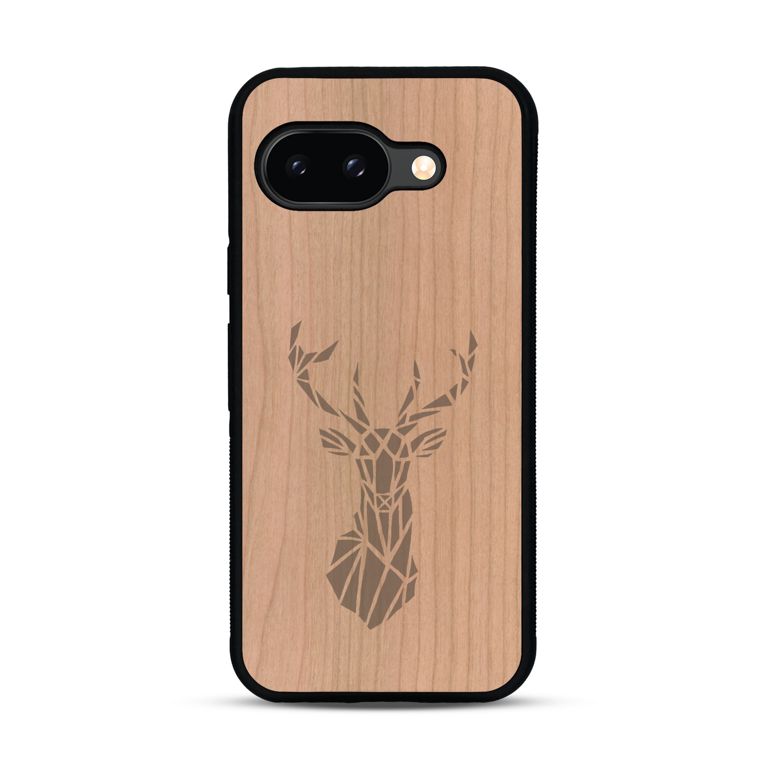 Coque de protection en bois véritable fabriquée en France pour  sur le thème de la nature et des animaux représentant une tête de cerf gométrique avec un design moderne et minimaliste