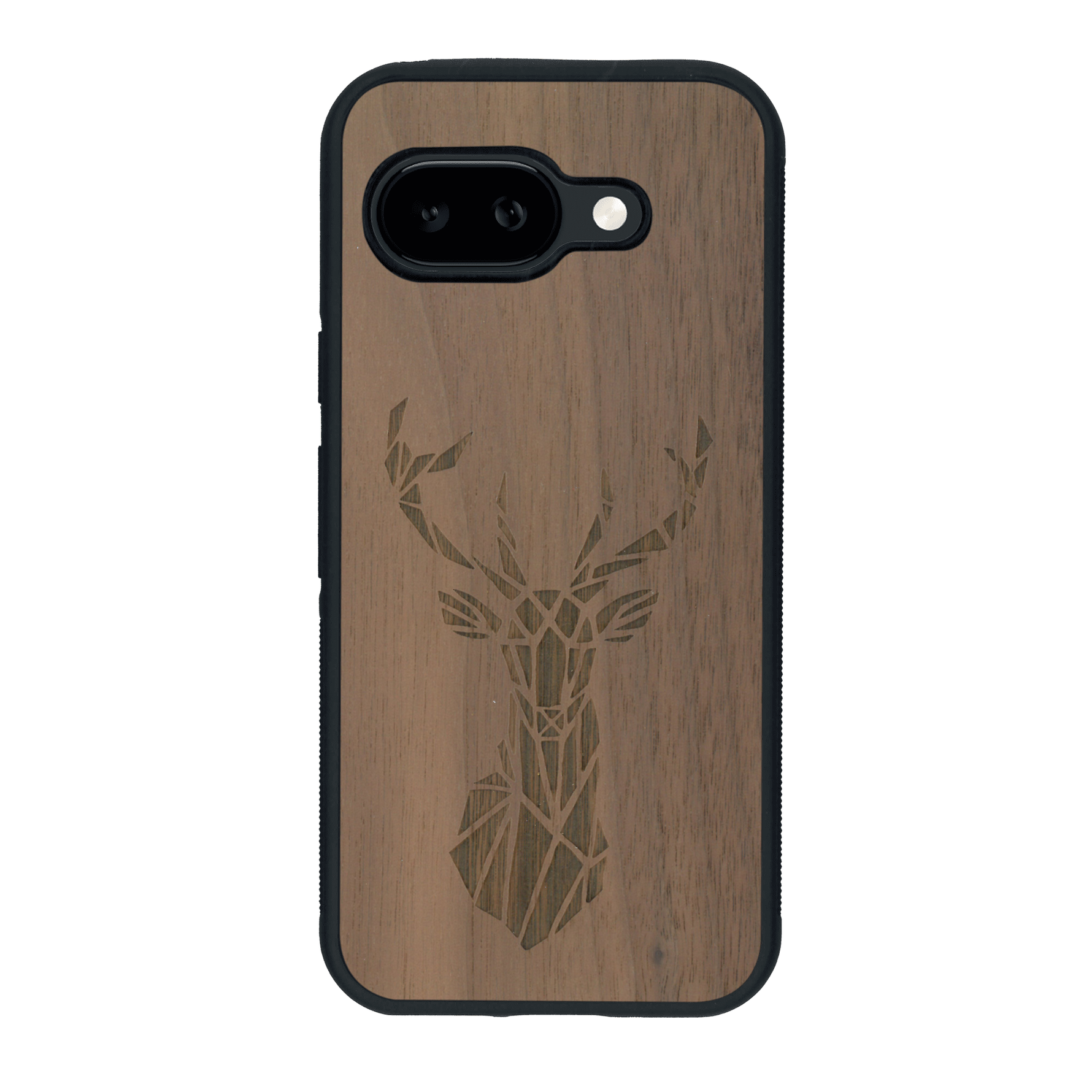 Coque de protection en bois véritable fabriquée en France pour Google Pixel 9A sur le thème de la nature et des animaux représentant une tête de cerf gométrique avec un design moderne et minimaliste
