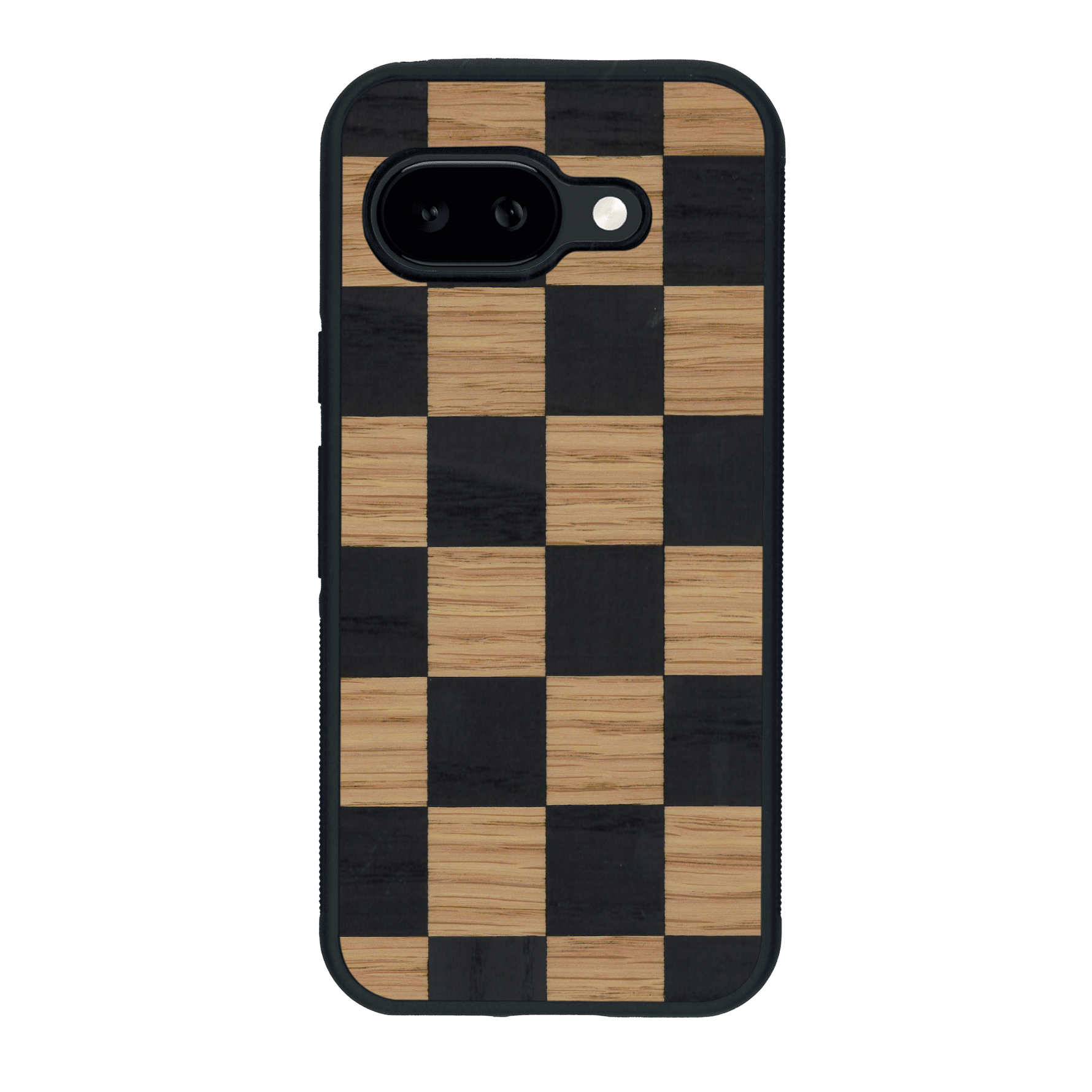 Coque de protection en bois véritable fabriquée en France pour Google Pixel 9A alliant plusieurs essences de bois pour représenter un damier