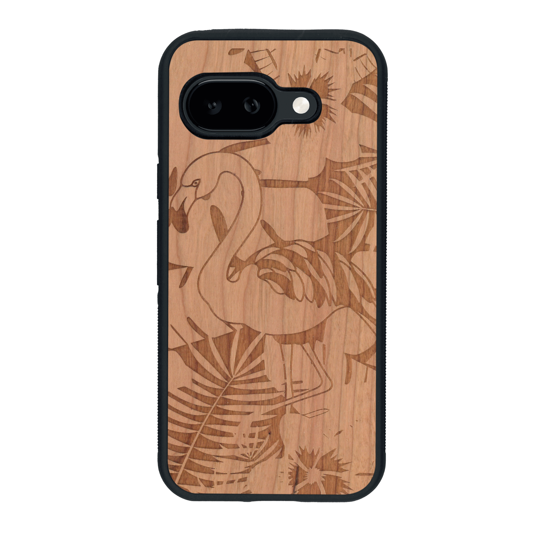 Coque de protection en bois véritable fabriquée en France pour Google Pixel 9A sur le thème de la nature et des animaux représentant un flamant rose entre des fougères