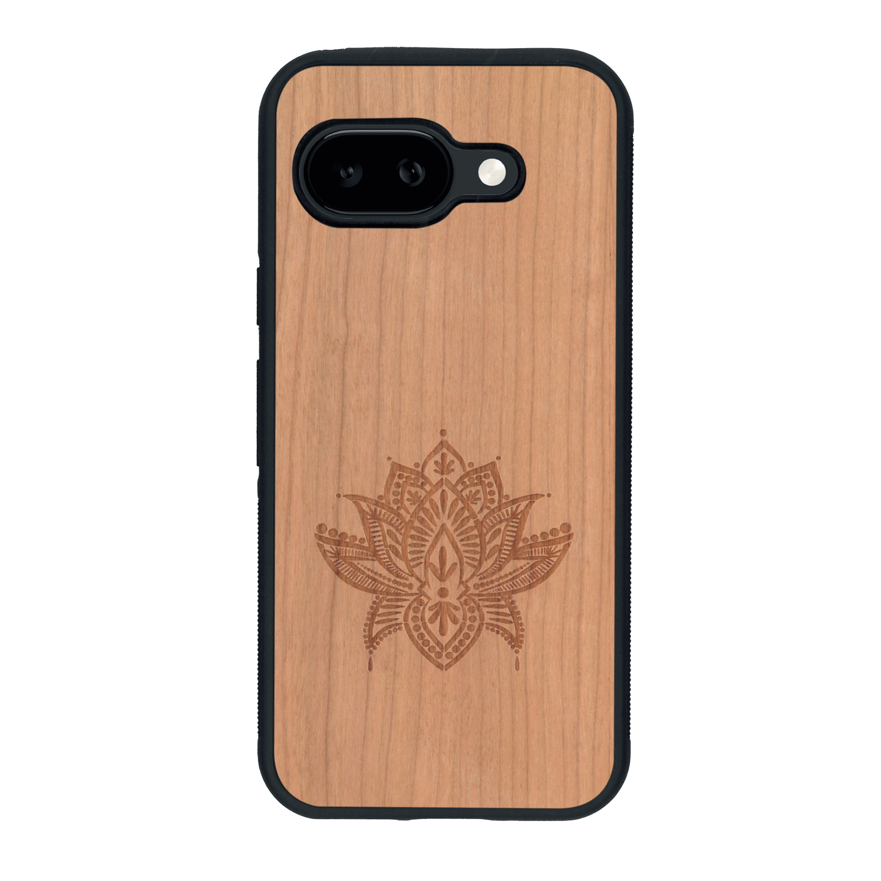 Coque de protection en bois véritable fabriquée en France pour Google Pixel 9A sur le thème de la nature et du yoga avec une gravure zen représentant une fleur de lotus