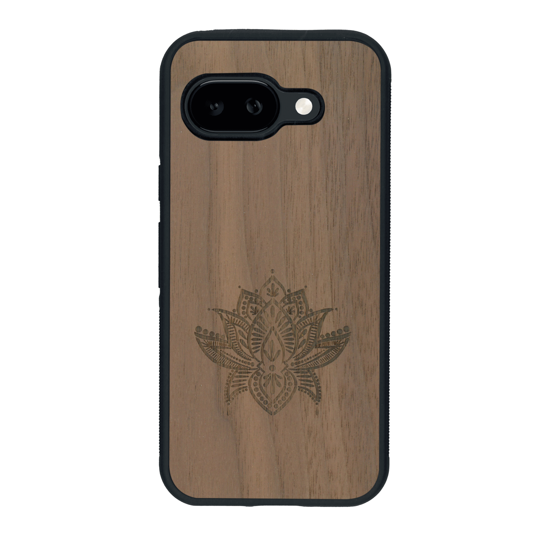 Coque de protection en bois véritable fabriquée en France pour Google Pixel 9A sur le thème de la nature et du yoga avec une gravure zen représentant une fleur de lotus