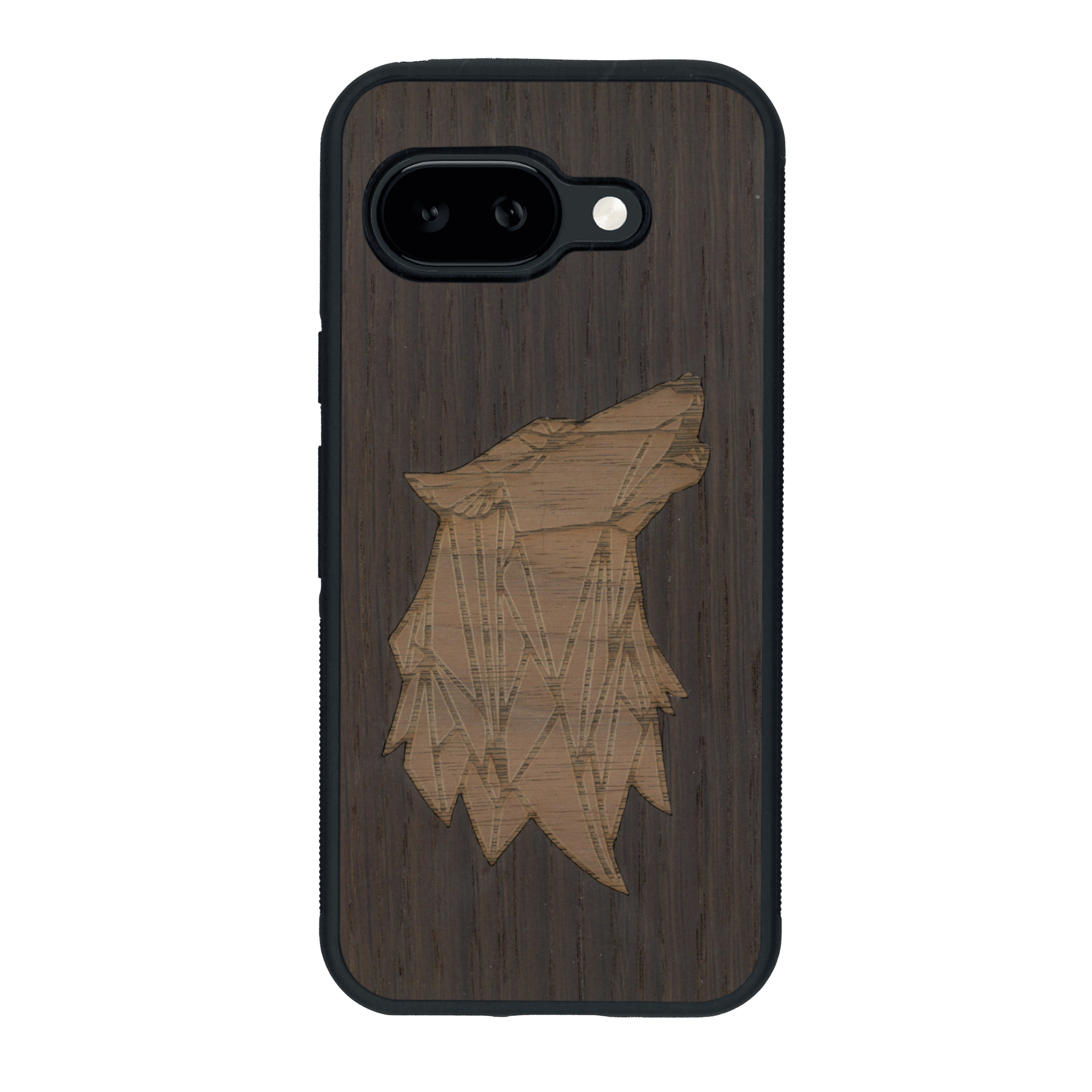 Coque de protection en bois véritable fabriquée en France pour Google Pixel 9A alliant du chêne fumé et du noyer représentant une tête de loup géométrique de profil sur le thème des animaux et de la nature