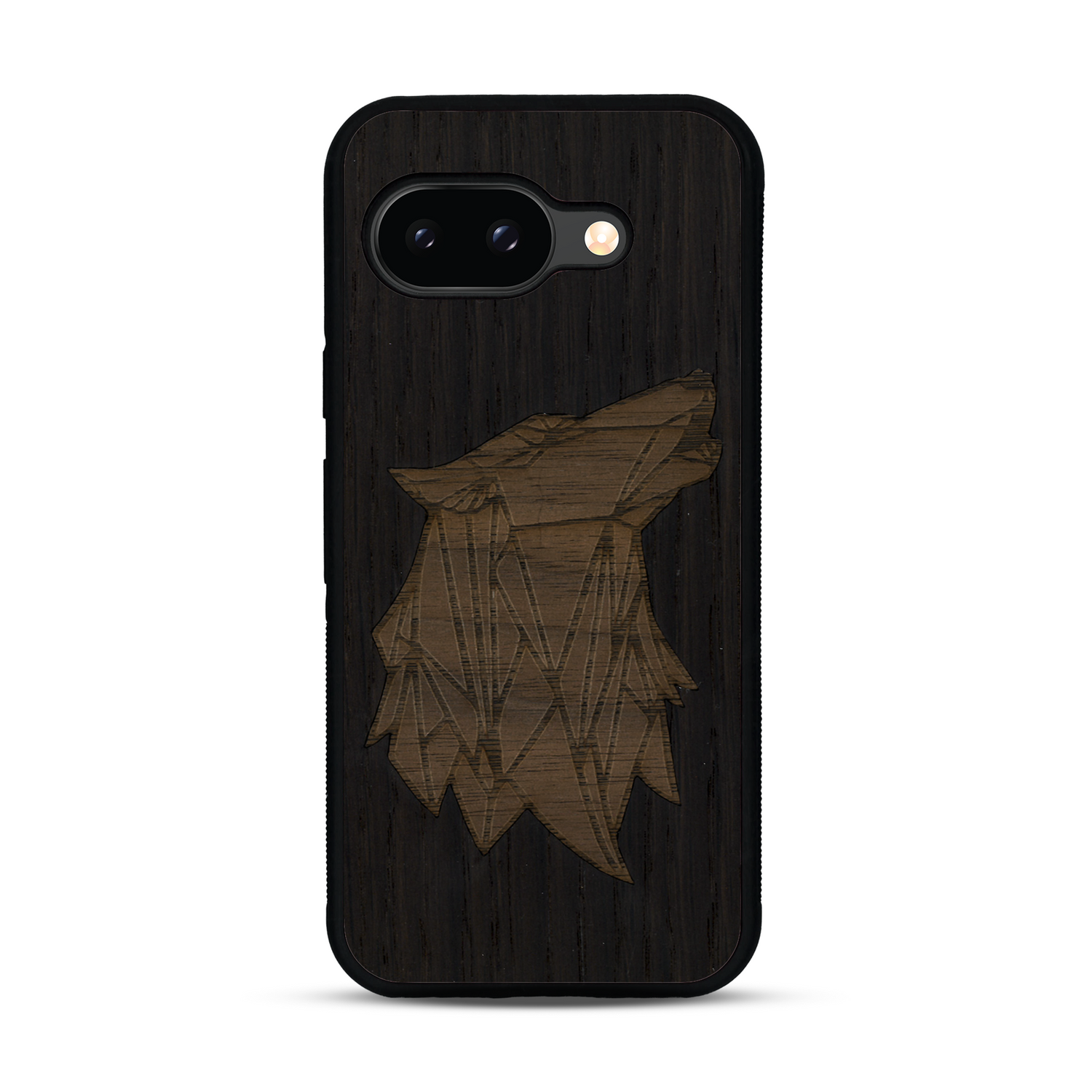 Coque de protection en bois véritable fabriquée en France pour  alliant du chêne fumé et du noyer représentant une tête de loup géométrique de profil sur le thème des animaux et de la nature