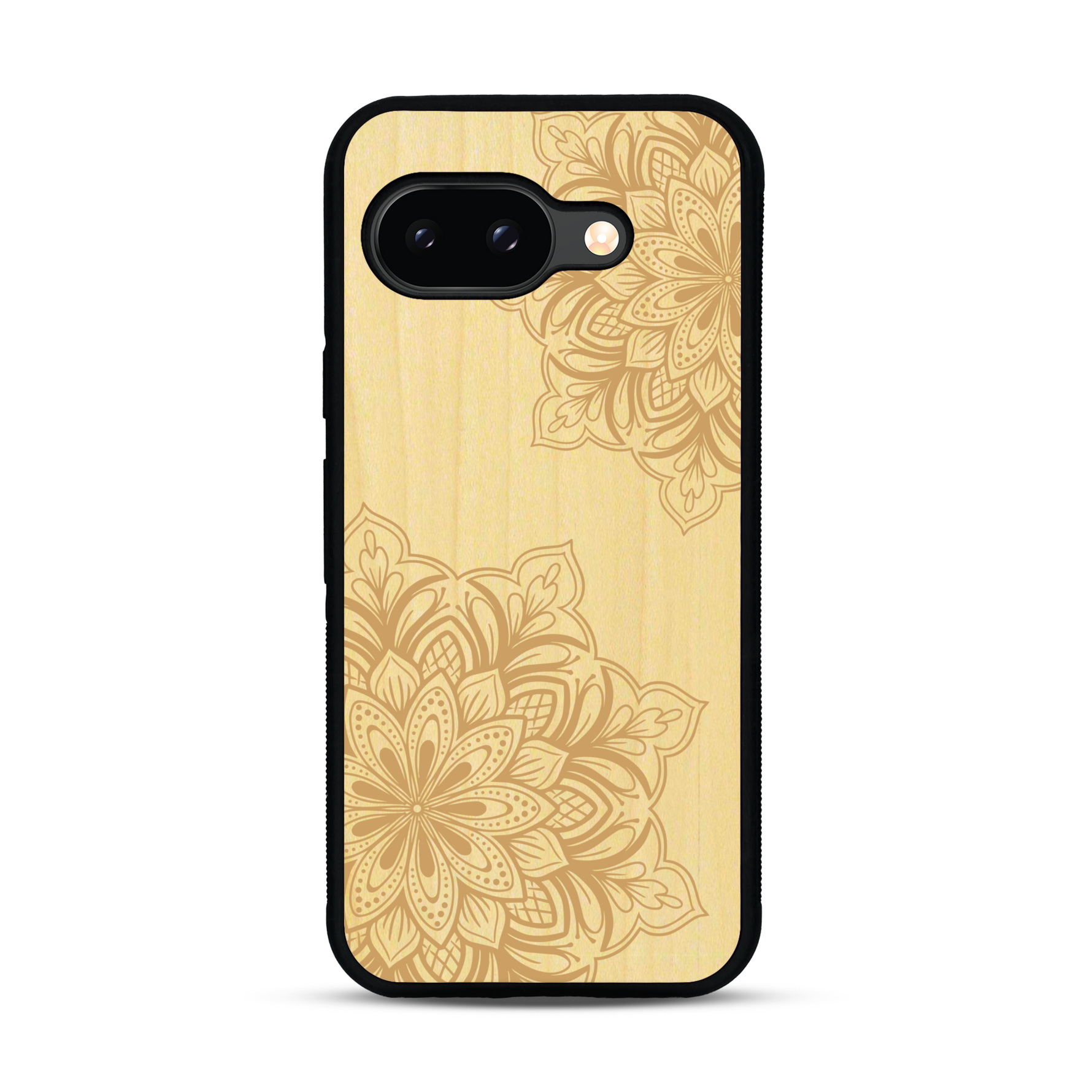 Coque de protection en bois véritable fabriquée en France pour  sur le thème de la bohème et du tatouage au henné avec une gravure représentant un mandala