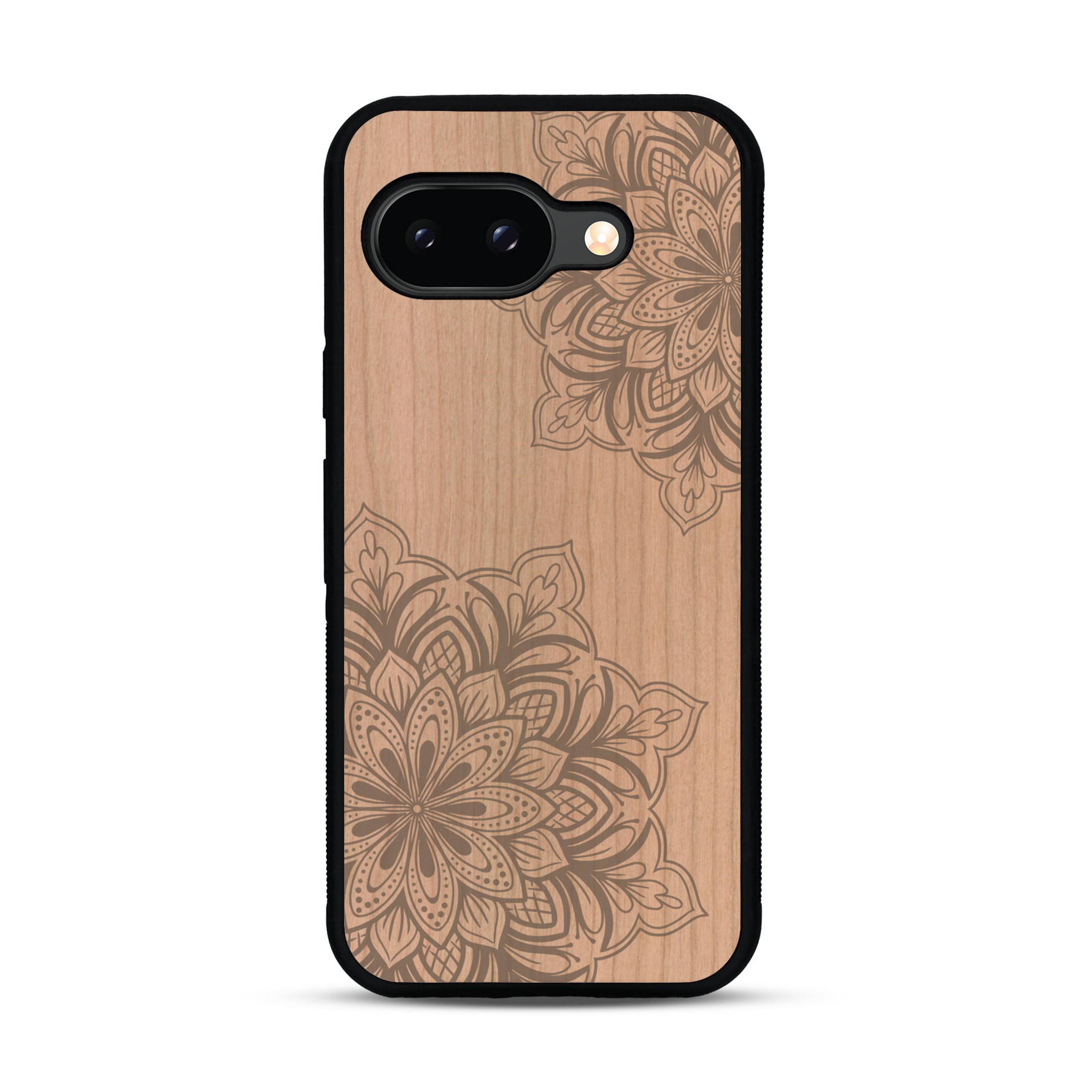 Coque de protection en bois véritable fabriquée en France pour  sur le thème de la bohème et du tatouage au henné avec une gravure représentant un mandala