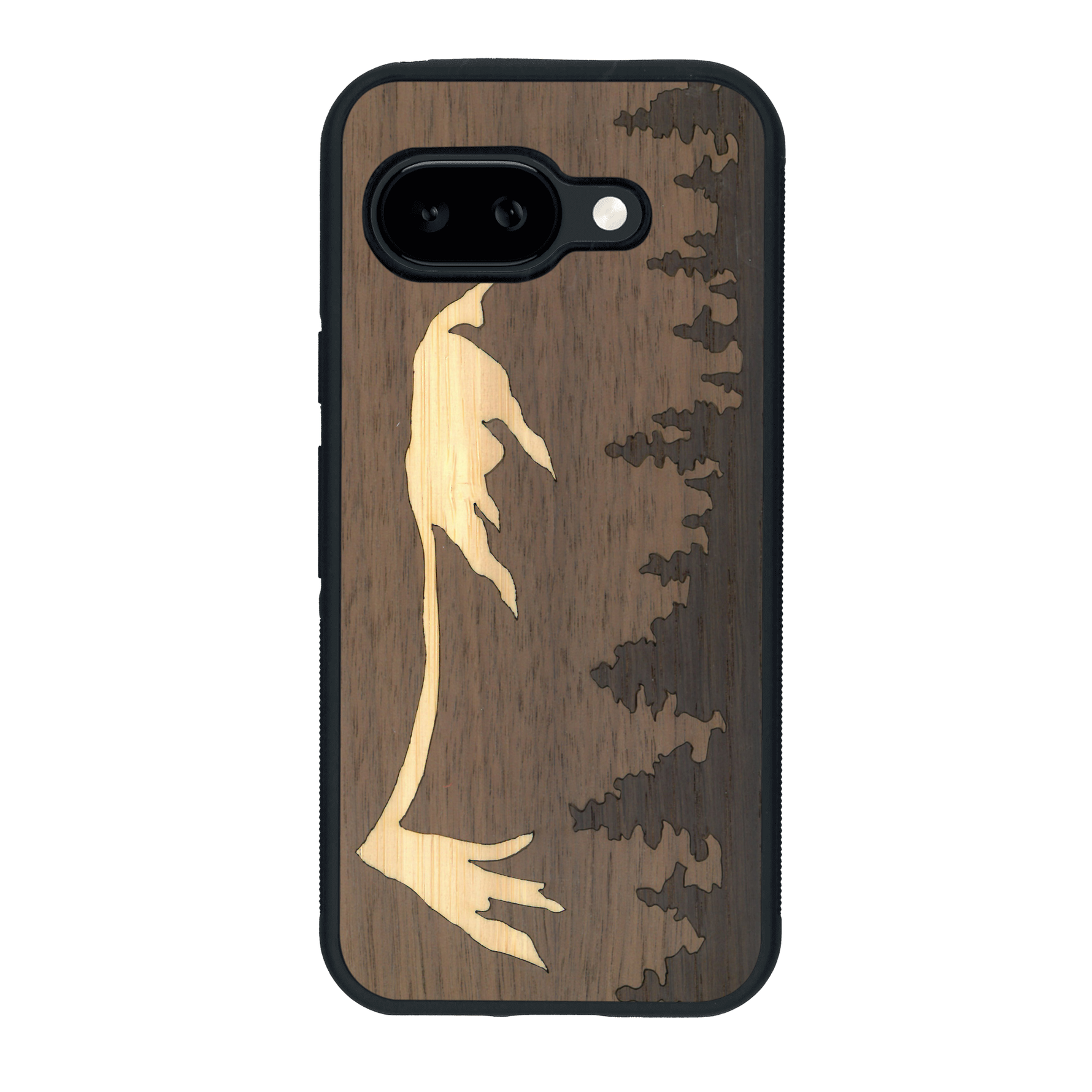 Coque de protection en bois véritable fabriquée en France pour Google Pixel 9A sur le thème de la nature et de la montagne qui allie du chêne fumé, du noyer et du bambou représentant le mont mézenc