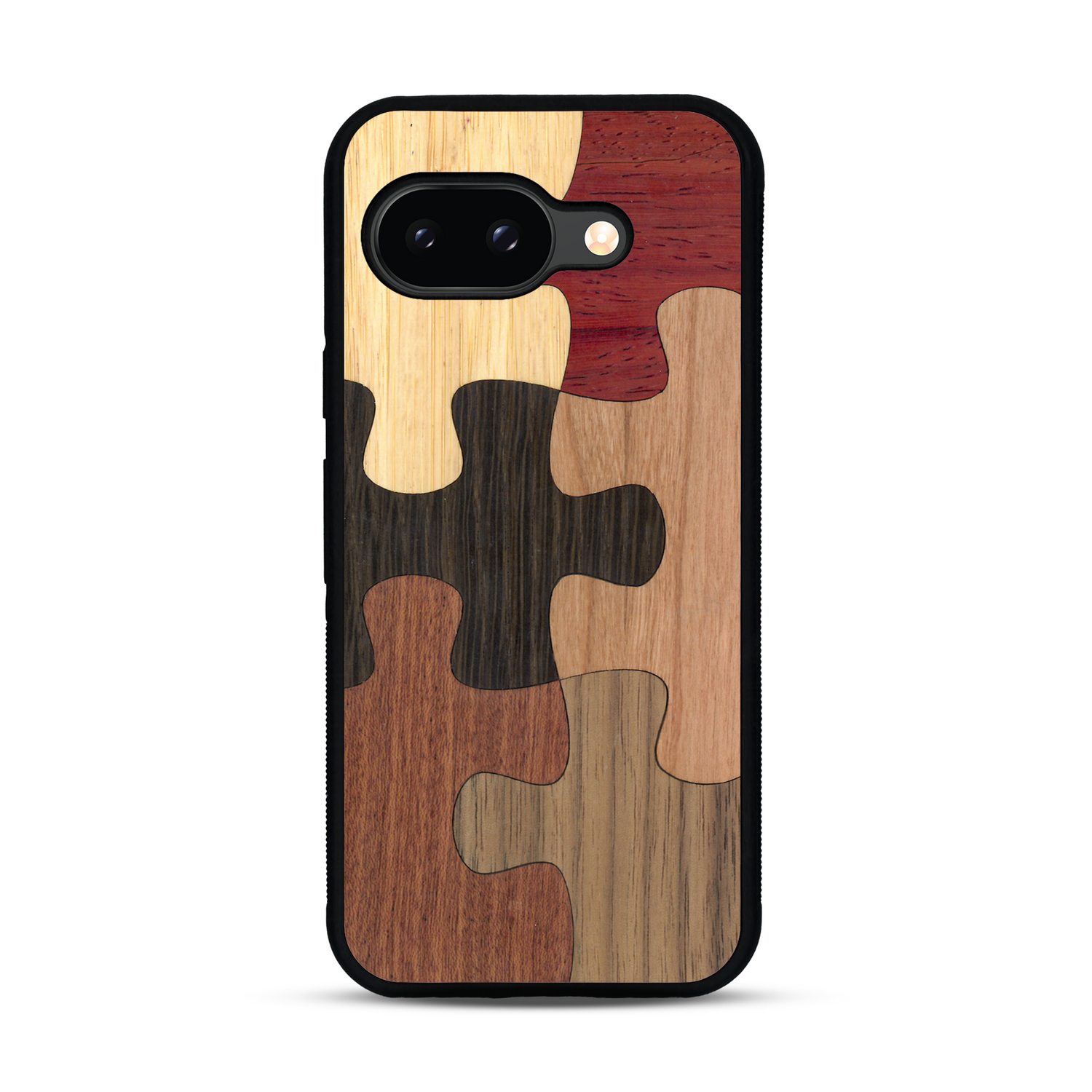 Coque de protection en bois véritable fabriquée en France pour  représentant un puzzle en six pièces qui allie du chêne fumé, du noyer, du bambou, du padouk, du merisier et de l'acajou