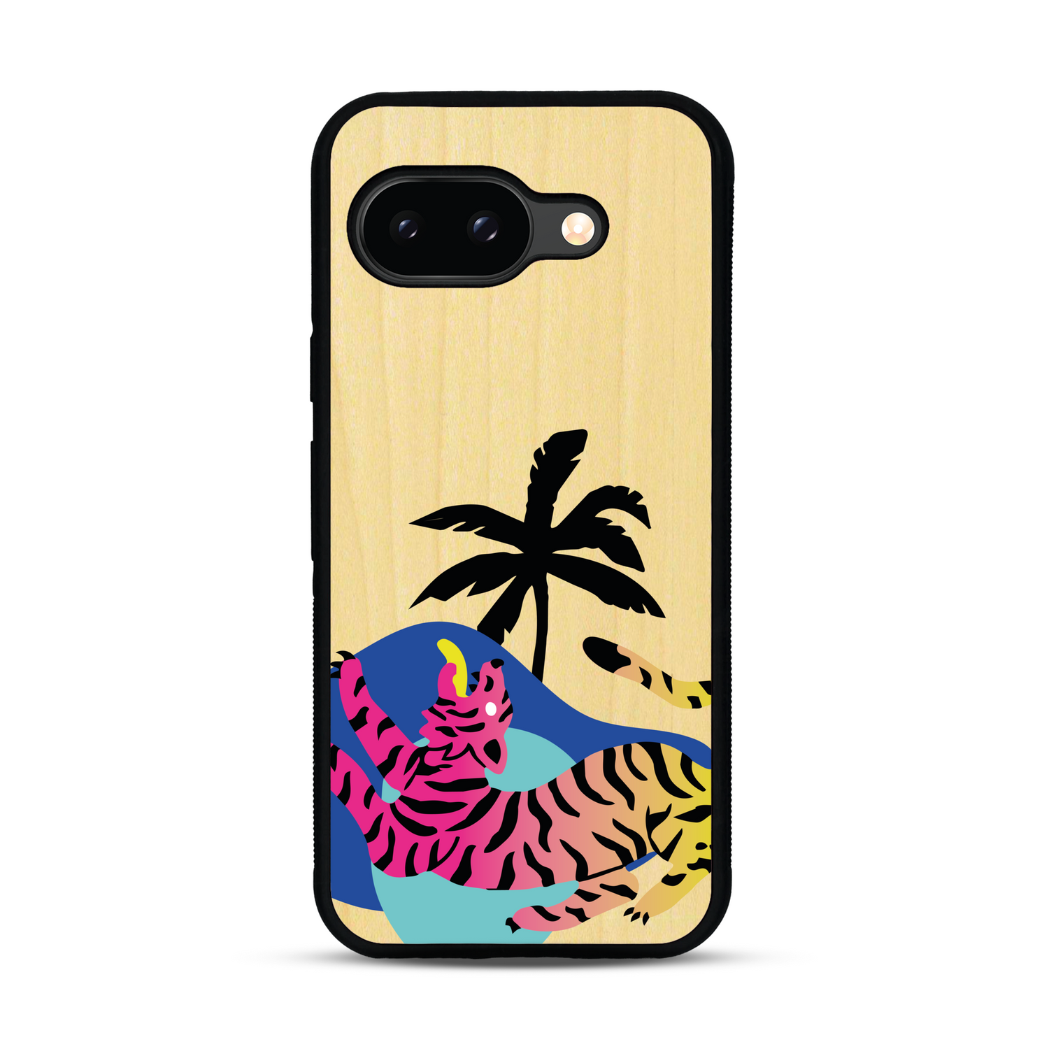 Coque de protection en bois véritable fabriquée en France pour Google Pixel 9A représentant un tigre coloré avec un design moderne et minimaliste sur le thème de la jungle et de la nature