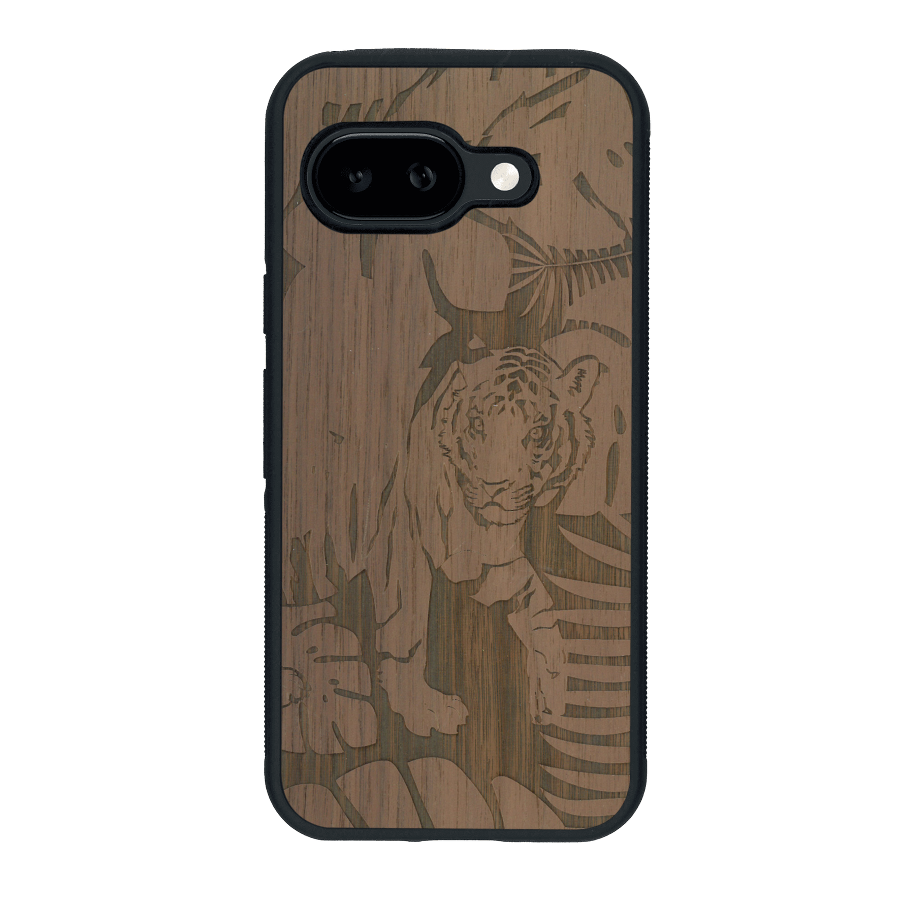 Coque de protection en bois véritable fabriquée en France pour Google Pixel 9A sur le thème de la nature et des animaux représentant un tigre dans la jungle entre des fougères