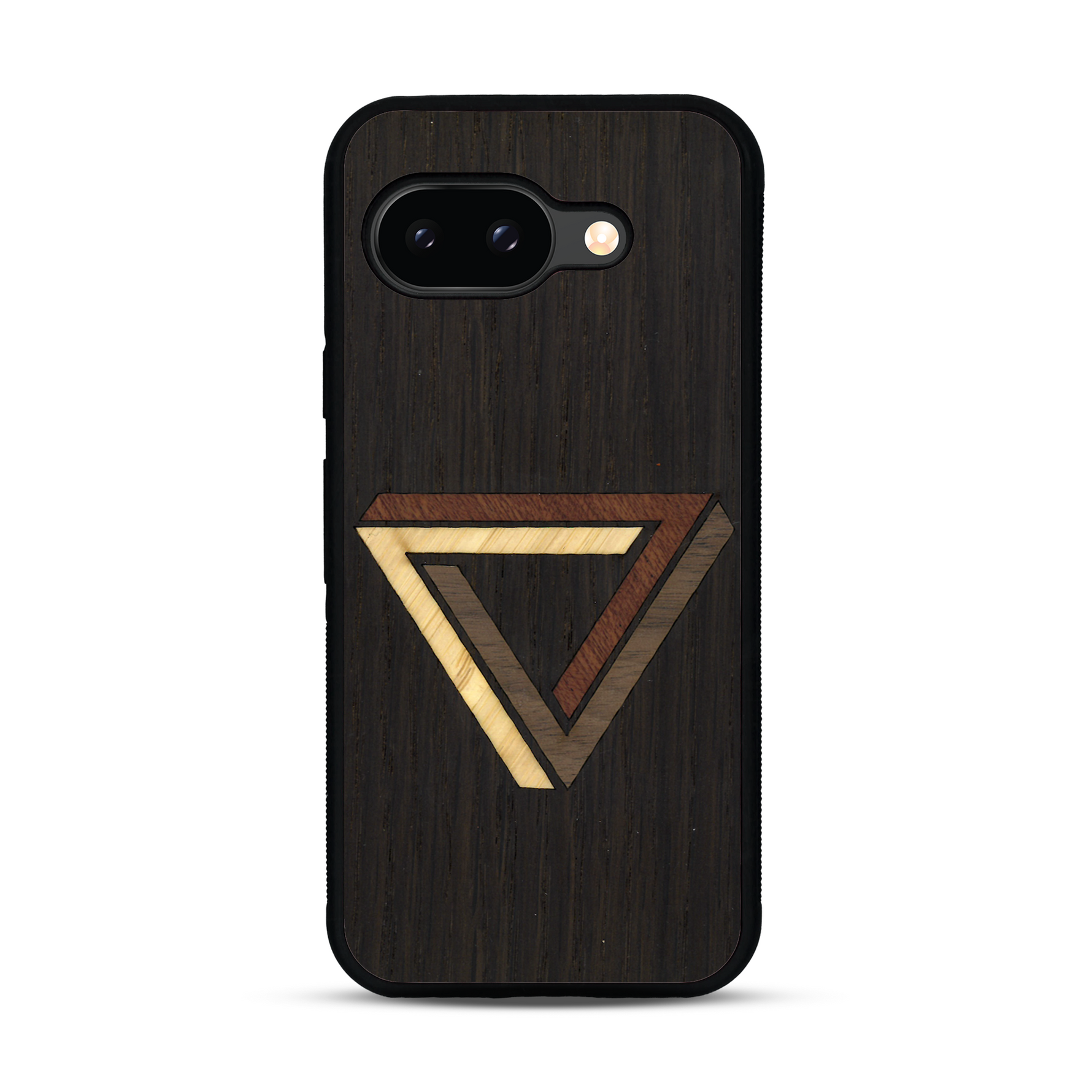 Coque de protection en bois véritable fabriquée en France pour  sur le thème de l'art géométrique qui allie du chêne fumé, du noyer, du bambou et du padouk représentant le triangle de penrose