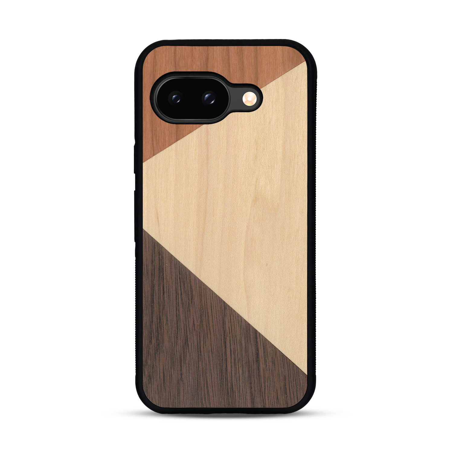 Coque de protection en bois véritable fabriquée en France pour  alliant du merisier, du noyer et du bambou formant chacun deux triangles et un trapèze avec deux jointures en diagonale sur le thème de l'art abstrait