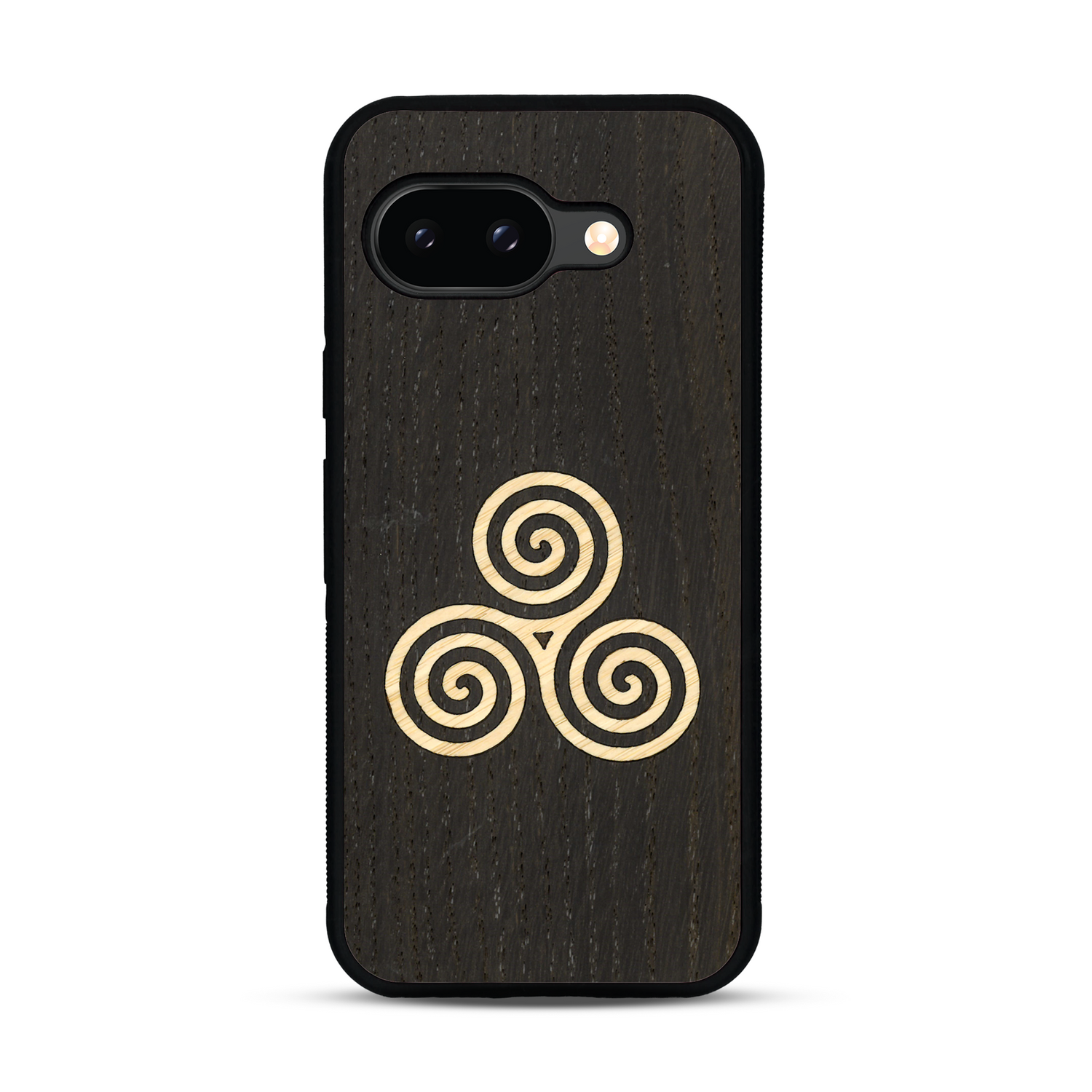 Coque de protection en bois véritable fabriquée en France pour  alliant du chêne fumé et du bambou et doré représentant un triskell