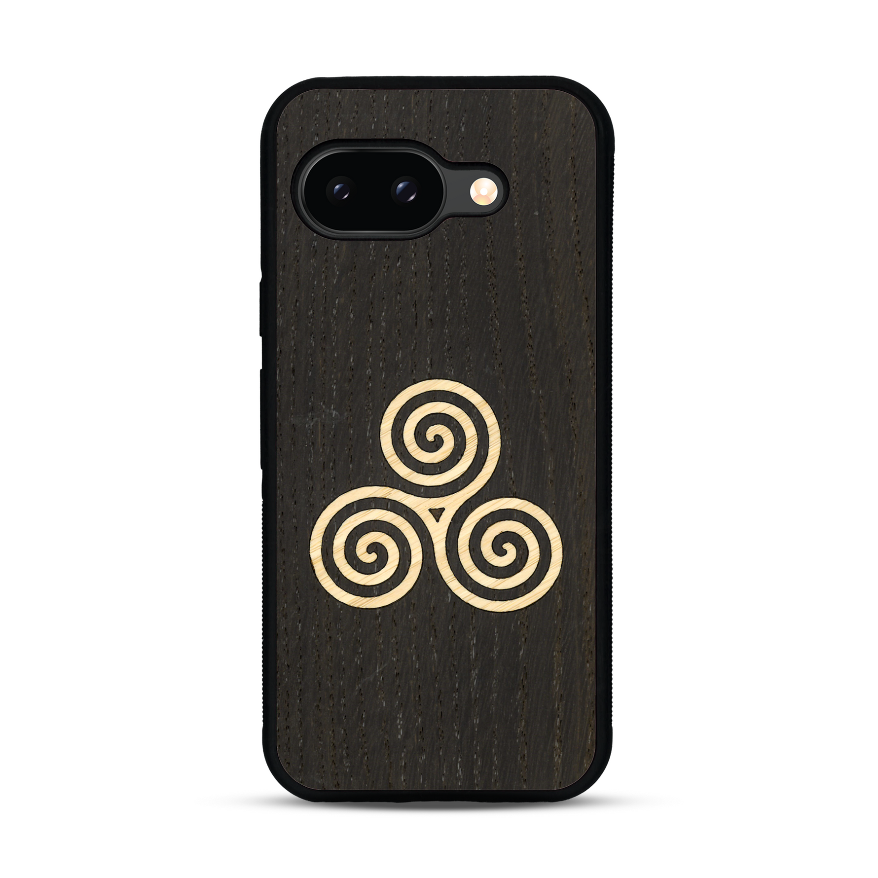 Coque de protection en bois véritable fabriquée en France pour  alliant du chêne fumé et du bambou et doré représentant un triskell