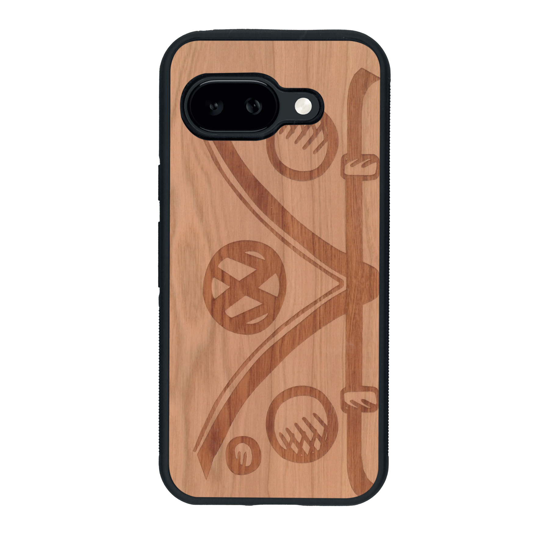 Coque de protection en bois véritable fabriquée en France pour Google Pixel 9A sur le thème de l'automobile avec un van combi