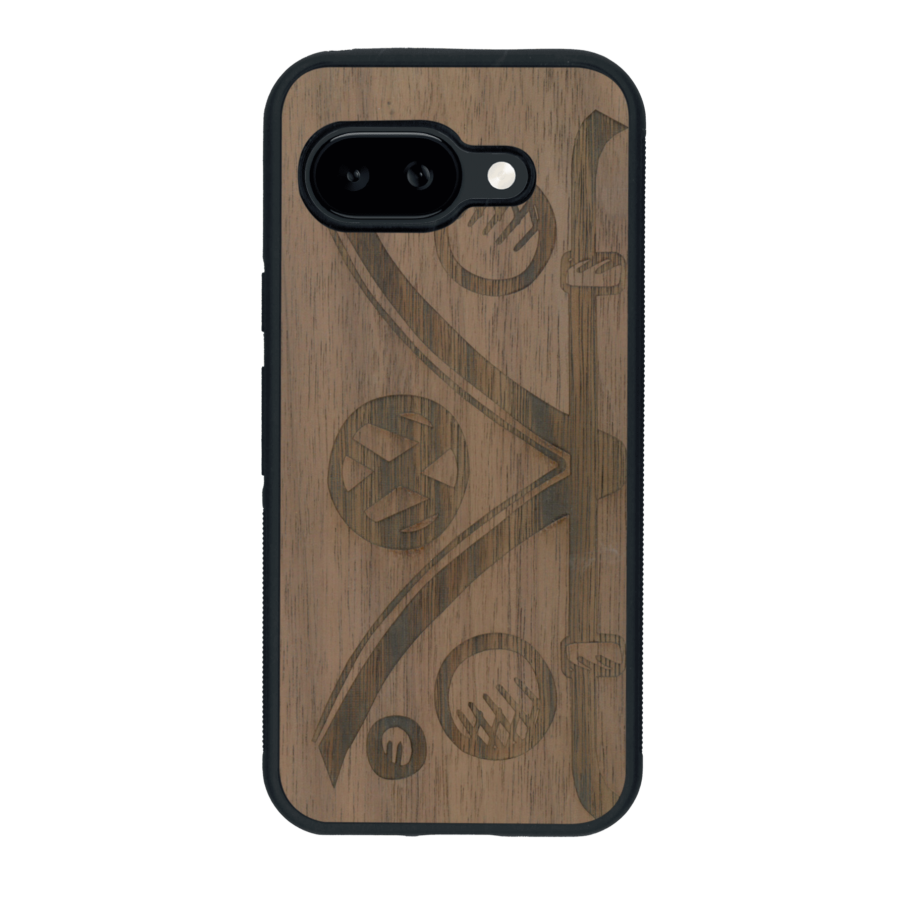Coque de protection en bois véritable fabriquée en France pour Google Pixel 9A sur le thème de l'automobile avec un van combi