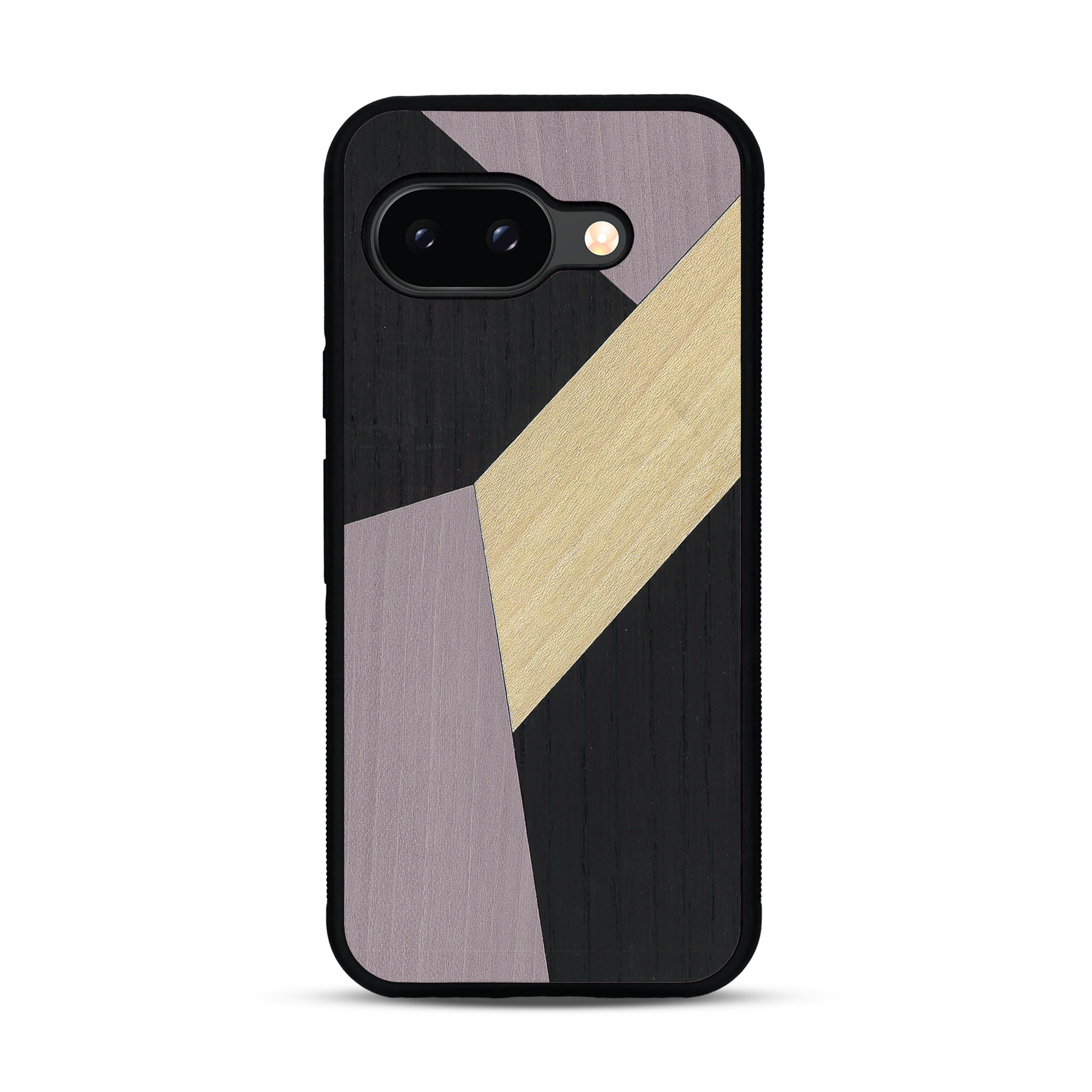 Coque de protection en bois véritable fabriquée en France pour  alliant du bambou, du tulipier mauve et noir en forme de mosaïque minimaliste sur le thème de l'art abstrait