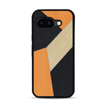 Coque de protection en bois véritable fabriquée en France pour  alliant du bambou, du tulipier orange et noir en forme de mosaïque minimaliste sur le thème de l'art abstrait