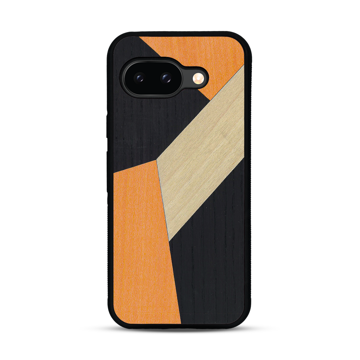 Coque de protection en bois véritable fabriquée en France pour  alliant du bambou, du tulipier orange et noir en forme de mosaïque minimaliste sur le thème de l'art abstrait