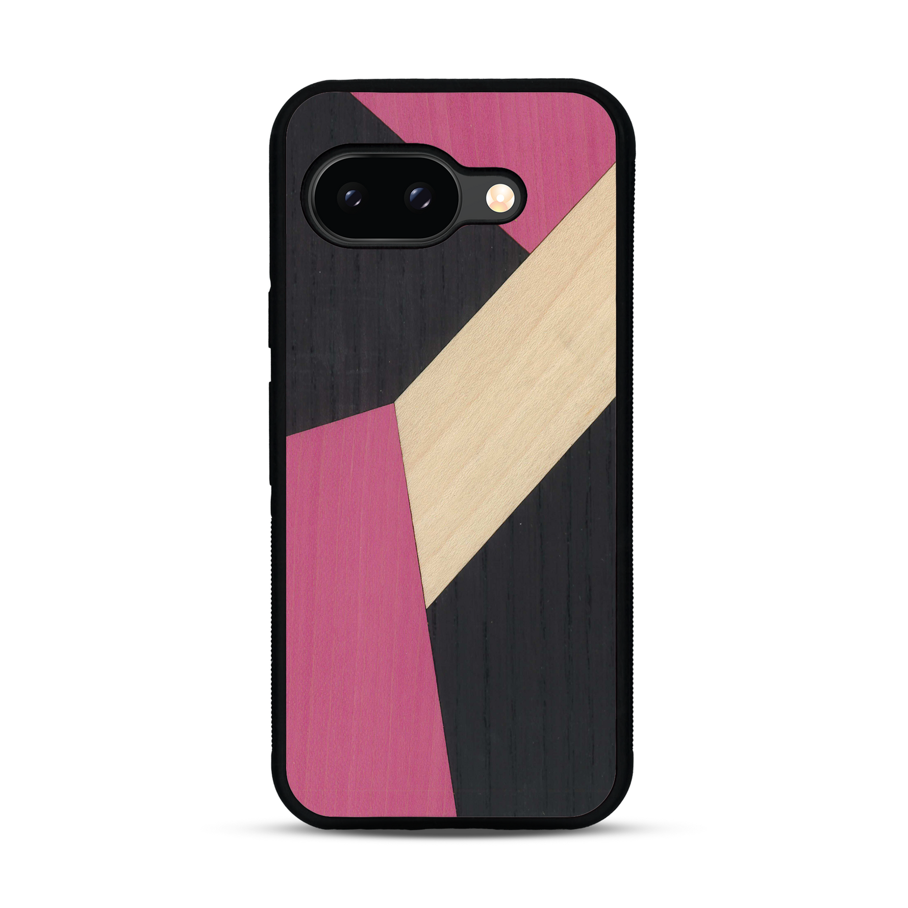 Coque de protection en bois véritable fabriquée en France pour  alliant du bambou, du tulipier rose et noir en forme de mosaïque minimaliste sur le thème de l'art abstrait