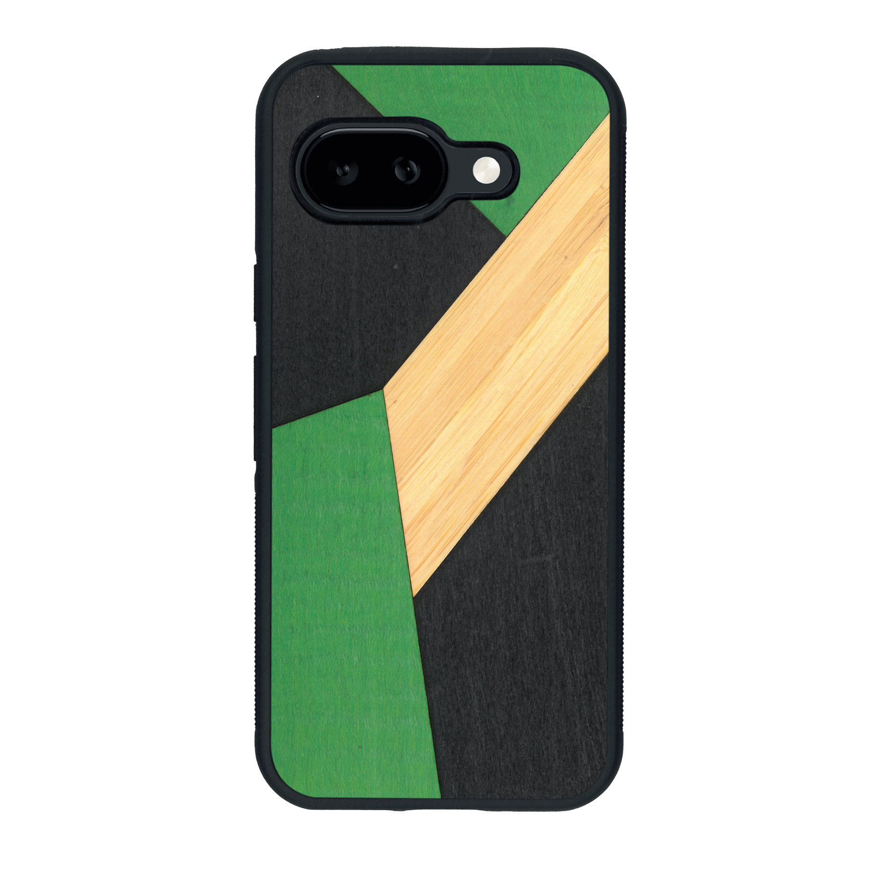 Coque de protection en bois véritable fabriquée en France pour Google Pixel 9A alliant du bambou, du tulipier vert et noir en forme de mosaïque minimaliste sur le thème de l'art abstrait