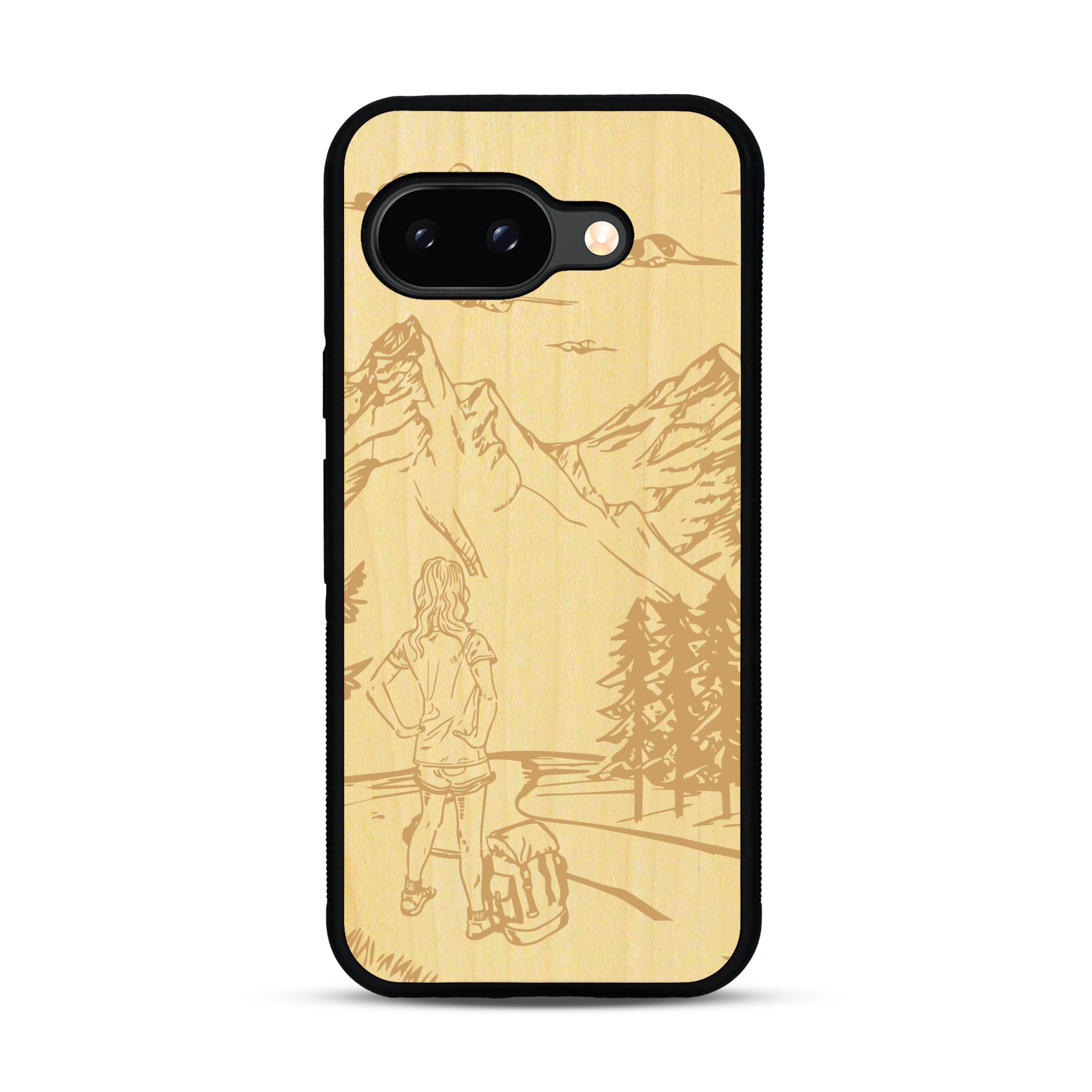 Coque de protection en bois véritable fabriquée en France pour  sur le thème de la randonnée en montagne et de l'aventure avec une gravure représentant une femme de dos face à un paysage de nature